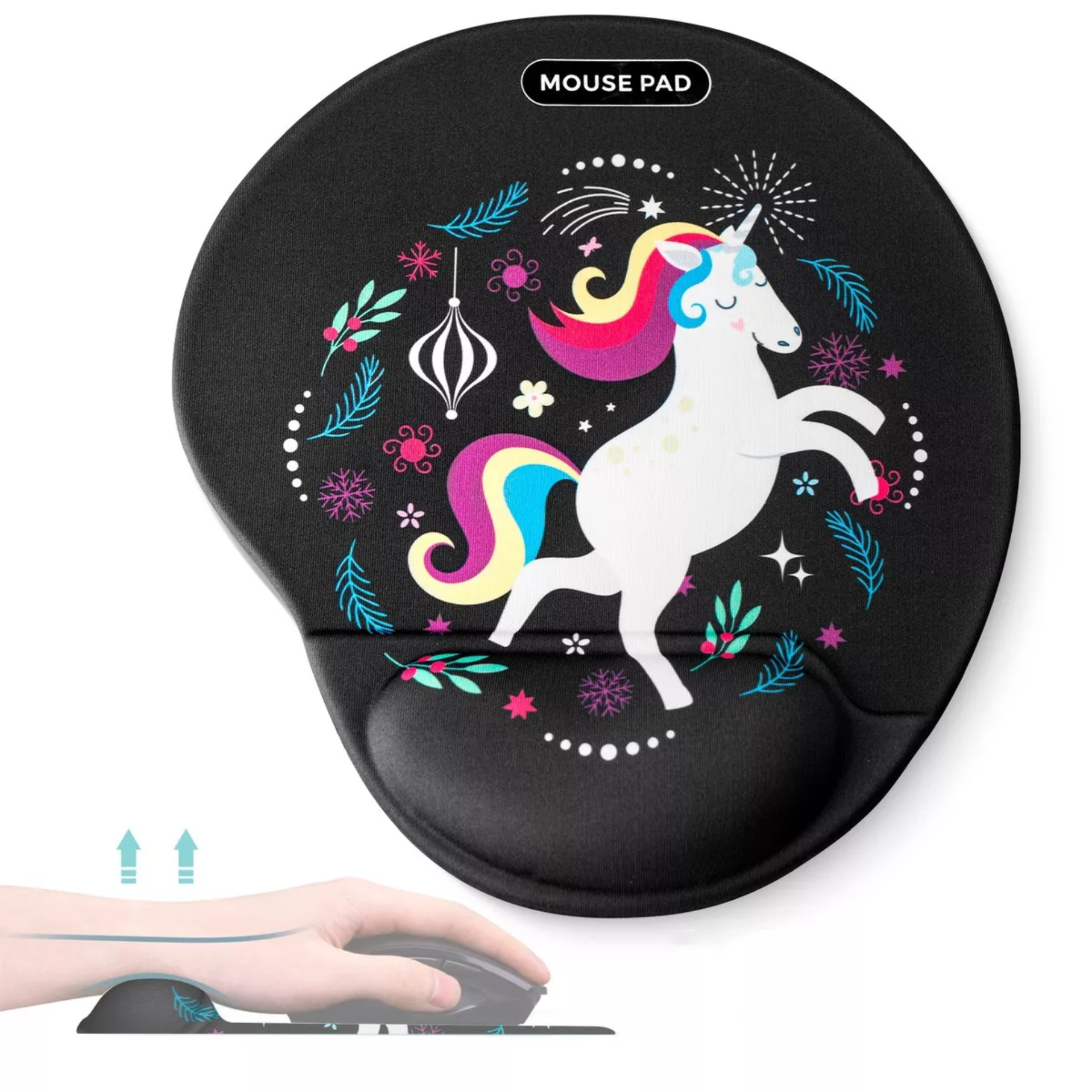 TERPORT Mouse Pad Ergonomico Negro Pintura Unicornio Portatil Lavable 25x22cm, con Soporte Reposamuñeca, Mauspad Antideslizante Y Ligero para Ratón para Trabajo Uso Diario