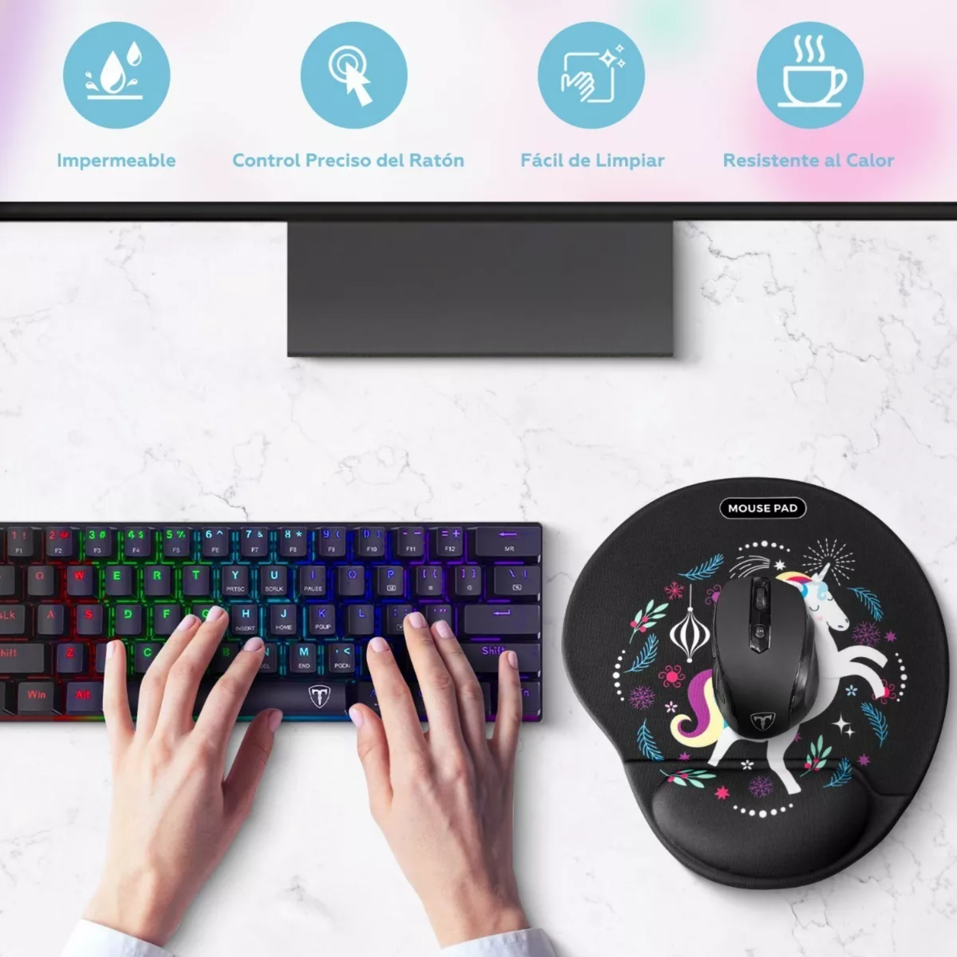 TERPORT Mouse Pad Ergonomico Negro Pintura Unicornio Portatil Lavable 25x22cm, con Soporte Reposamuñeca, Mauspad Antideslizante Y Ligero para Ratón para Trabajo Uso Diario