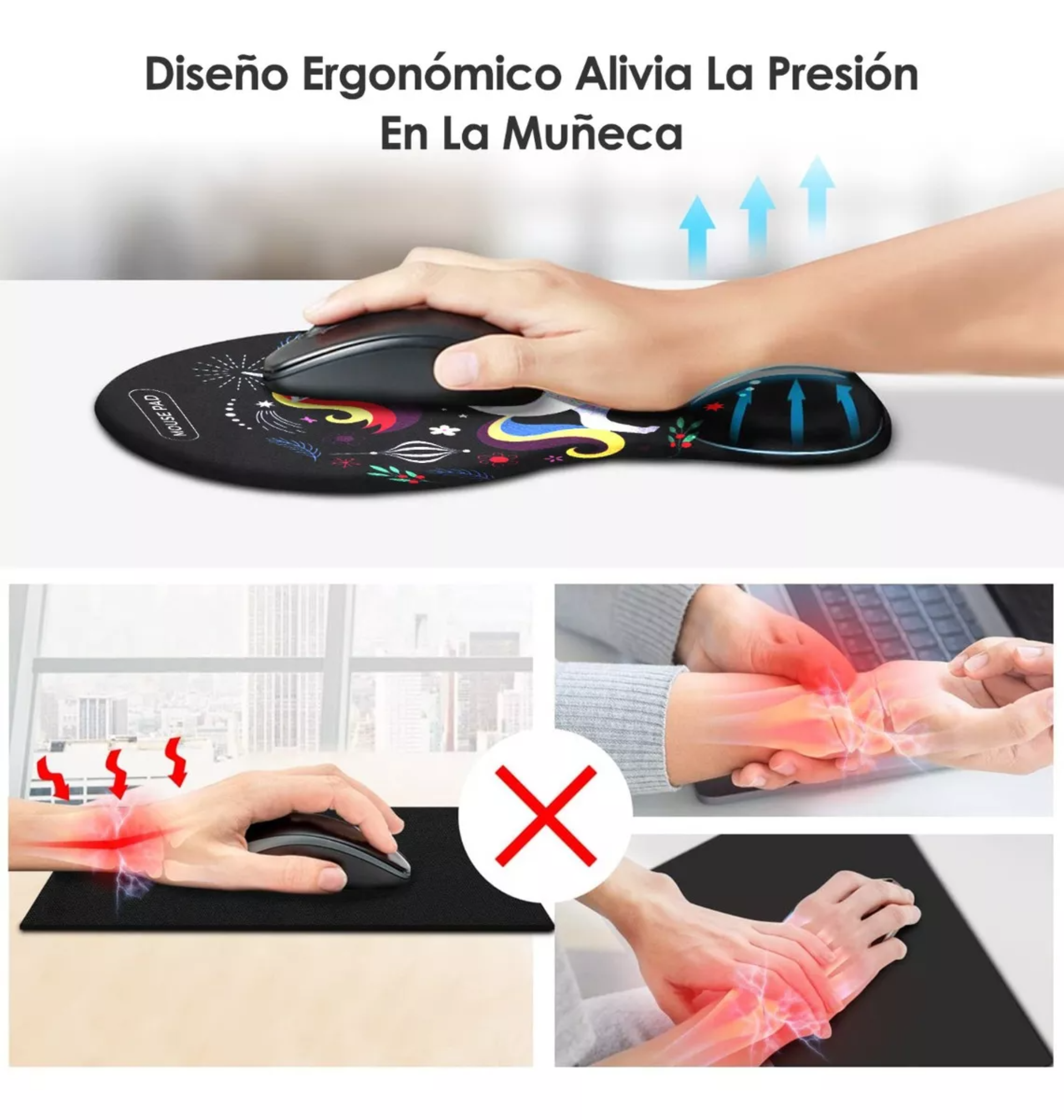 TERPORT Mouse Pad Ergonomico Negro Pintura Unicornio Portatil Lavable 25x22cm, con Soporte Reposamuñeca, Mauspad Antideslizante Y Ligero para Ratón para Trabajo Uso Diario