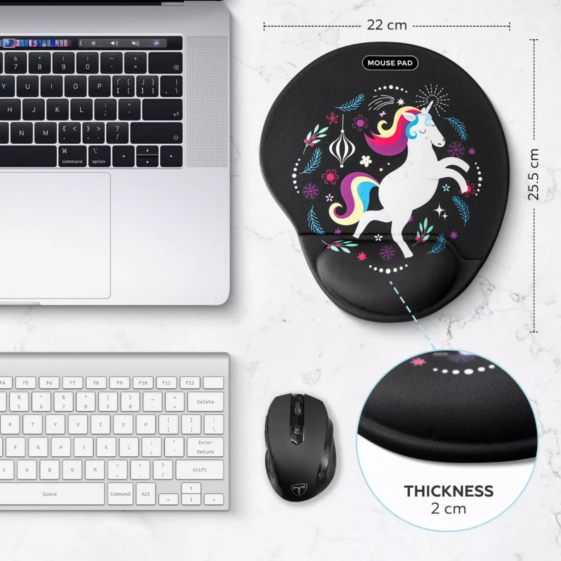 TERPORT Mouse Pad Ergonomico Negro Pintura Unicornio Portatil Lavable 25x22cm, con Soporte Reposamuñeca, Mauspad Antideslizante Y Ligero para Ratón para Trabajo Uso Diario