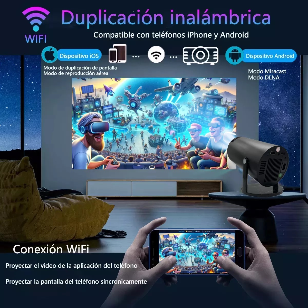 Proyector Hy300 Wifi Hd 200ansi Android 11. Gris Oscuro, 110 V/220 