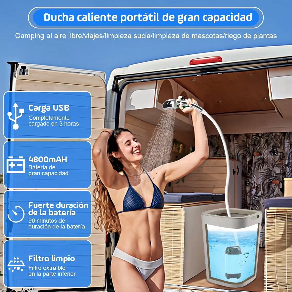 Regadera Ducha Portatil Recargable 3 Modos Acampar Viajar