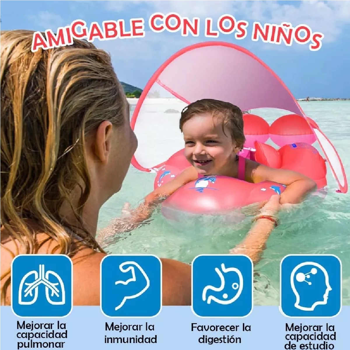 Salvavidas Inflables Flotador Bebe Alberca Playa Con Sombra Rosa
