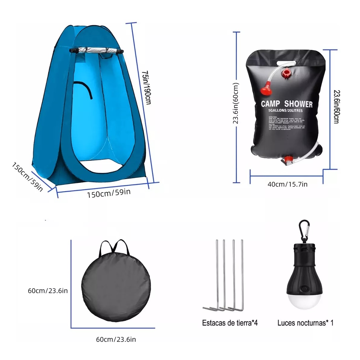 Tiendas De Campaña Vestidor Portatil+luz Y Bolsa De Ducha Agua