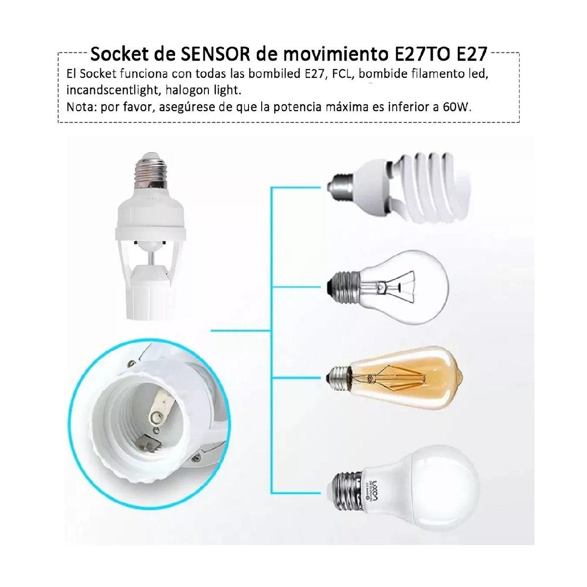 Porta Lámpara Sensor De Movimiento 360° Grados Infrarrojo E27 Socket 
