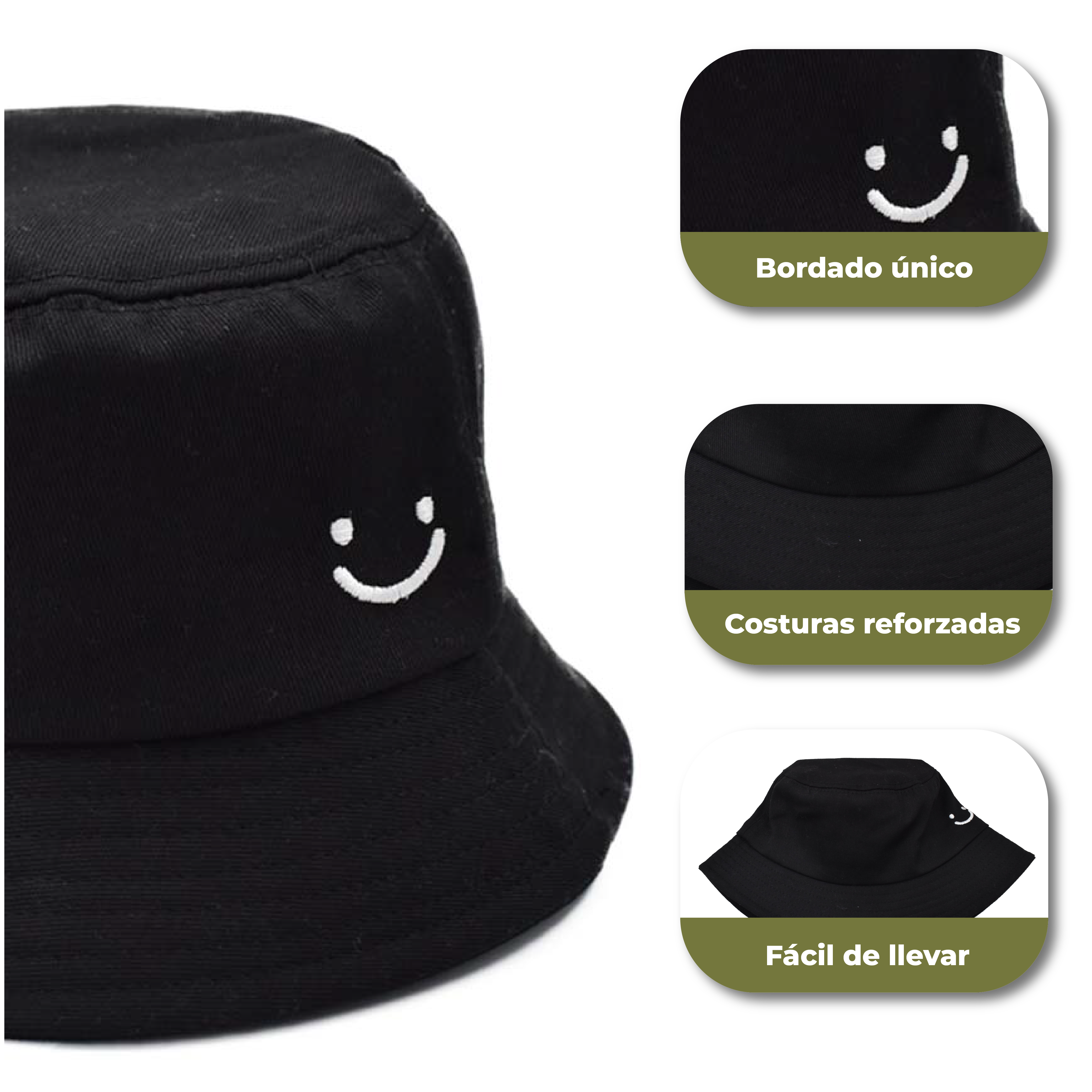 Gorro Bucket Negro con Carita Feliz 
