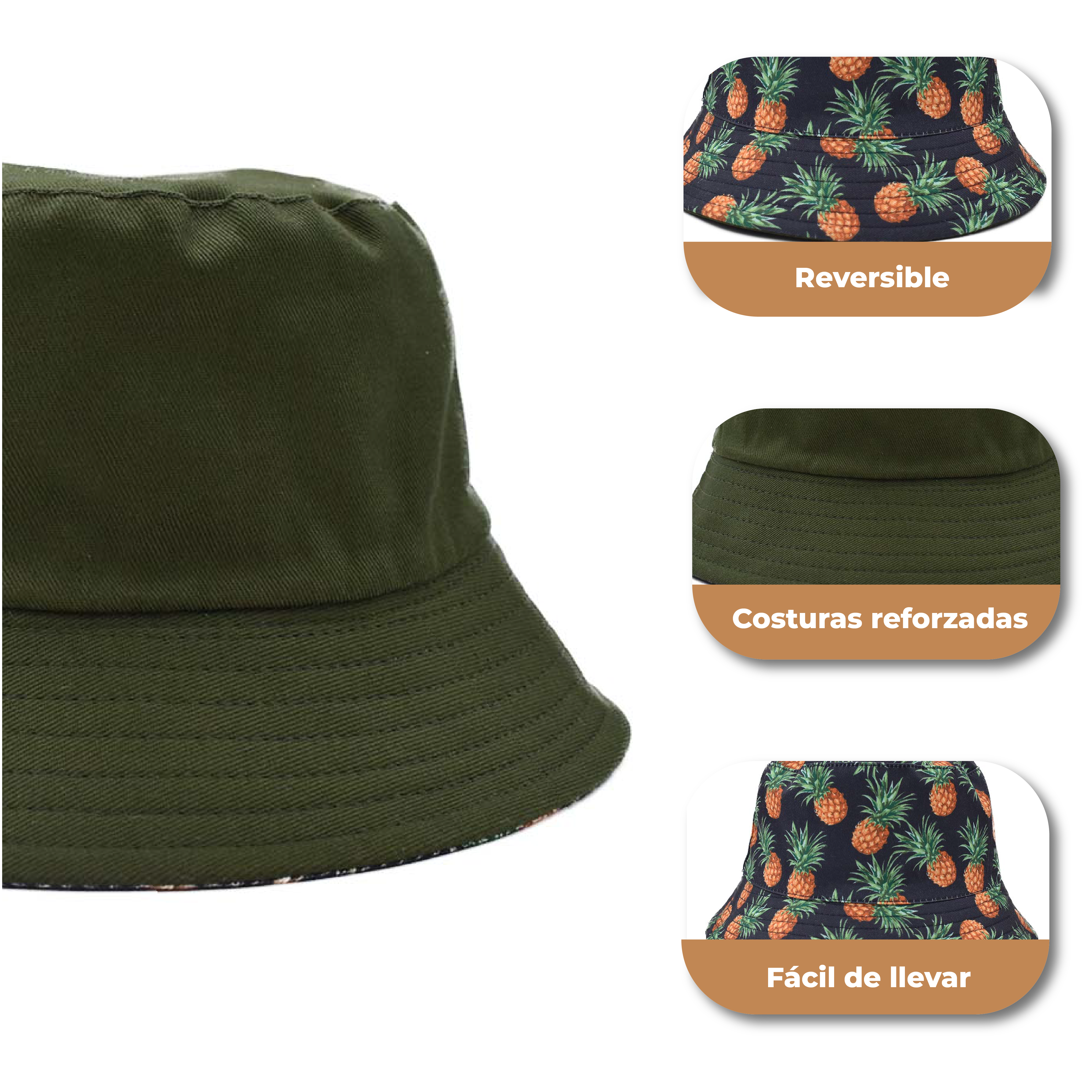 Sombrero Bucket Doble Vista Print Piñas y Verde 
