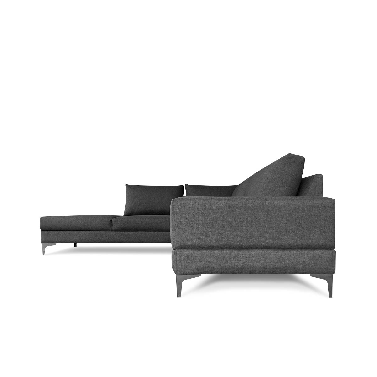 Sofá Escuadra Izquierda con Tapizado Color Gris Oscuro. Estructura de Madera Sólida y Patas de Acero 
