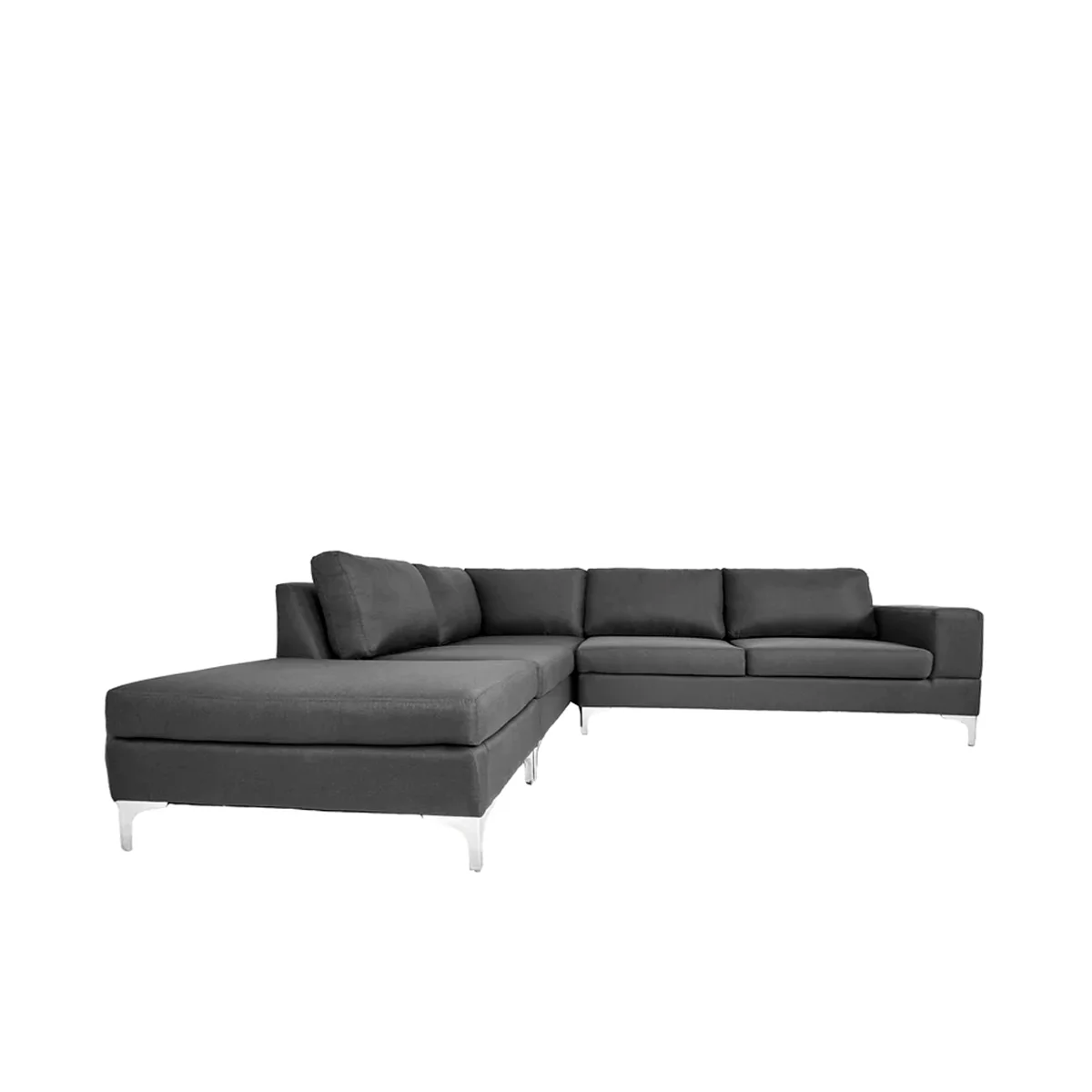 Sofá Escuadra Izquierda con Tapizado Color Gris Oscuro. Estructura de Madera Sólida y Patas de Acero 