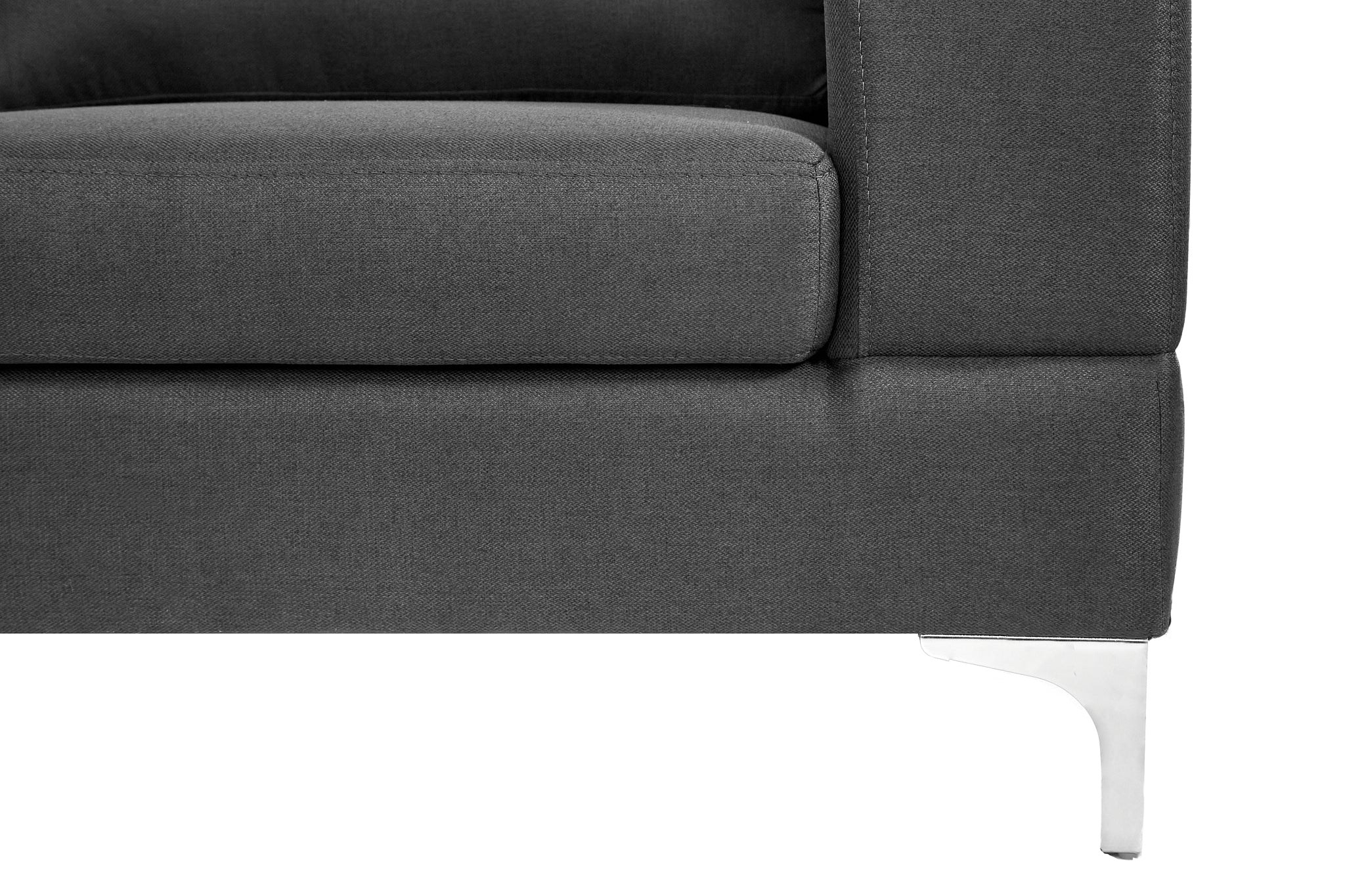 Sofá Escuadra Izquierda con Tapizado Color Gris Oscuro. Estructura de Madera Sólida y Patas de Acero 