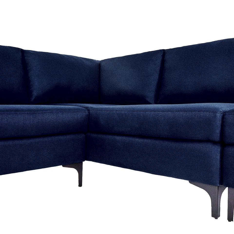 Sofá Escuadra Izquierda con Tapizado Color Azul Noche. Estructura de Madera Sólida y Patas de Acero 