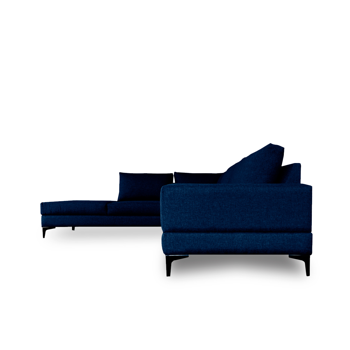 Sofá Escuadra Izquierda con Tapizado Color Azul Noche. Estructura de Madera Sólida y Patas de Acero 
