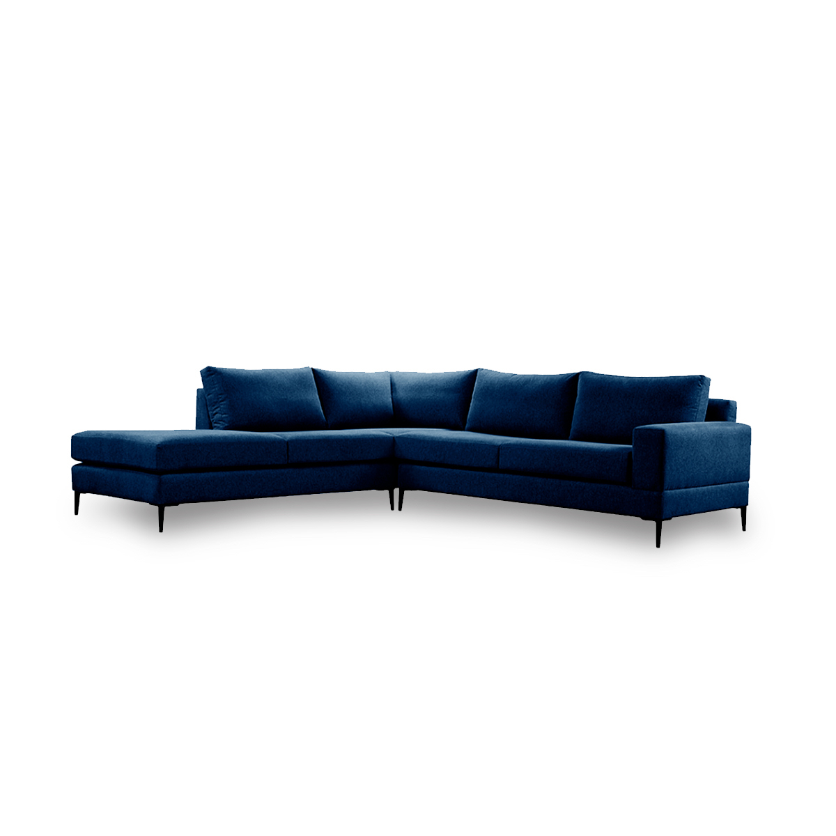 Sofá Escuadra Izquierda con Tapizado Color Azul Noche. Estructura de Madera Sólida y Patas de Acero 