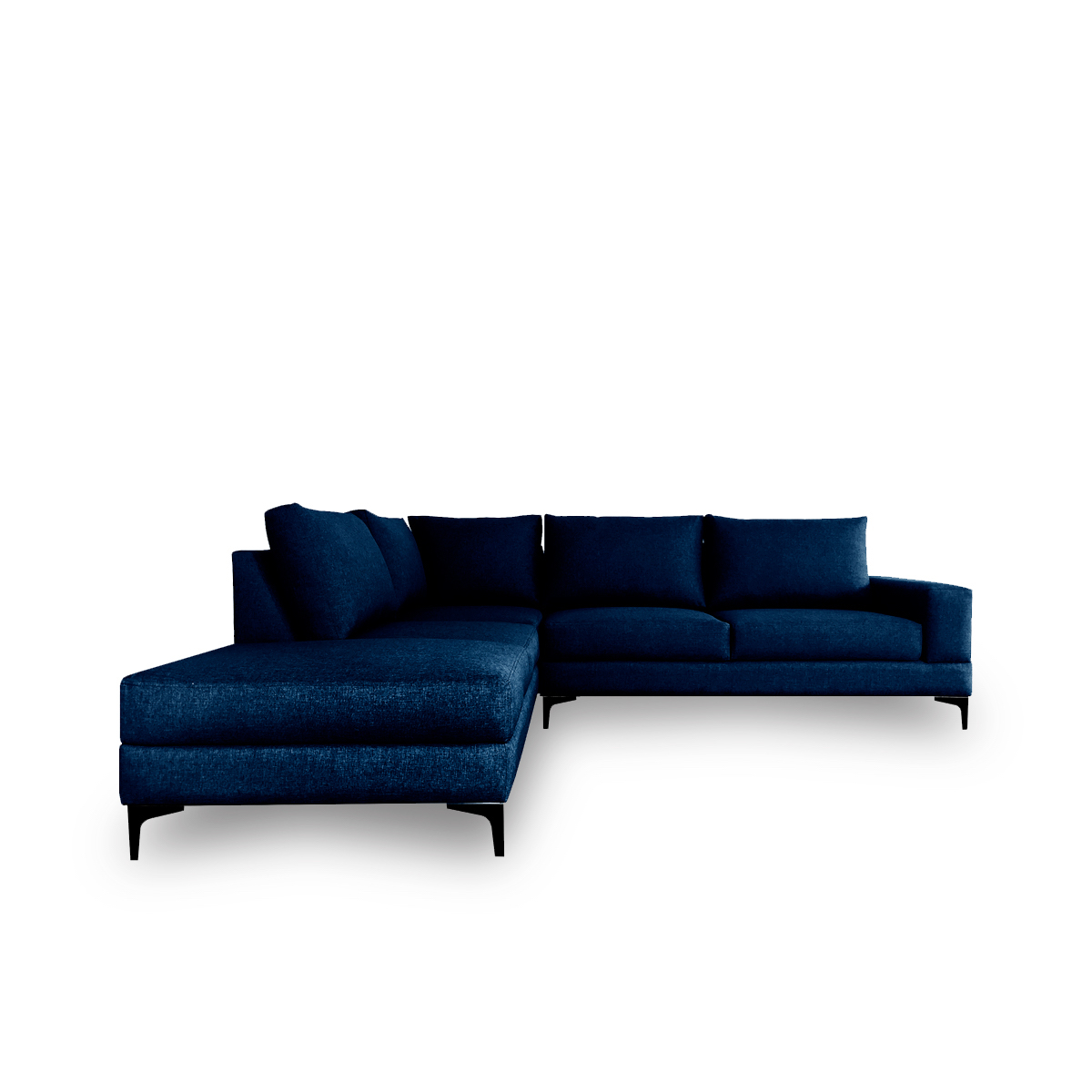 Sofá Escuadra Izquierda con Tapizado Color Azul Noche. Estructura de Madera Sólida y Patas de Acero 