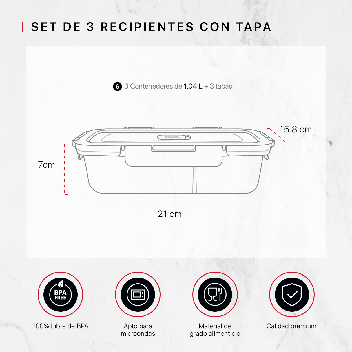 Recipientes de Vidrio Herméticos para Alimentos 3 Contenedores con 3 Tapas - Toppers con Divisiones Cookify