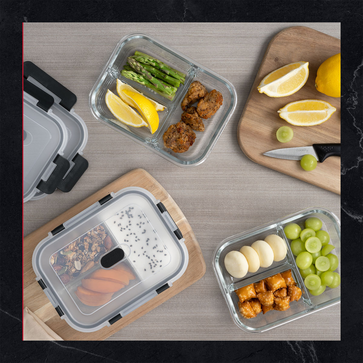 Recipientes de Vidrio Herméticos para Alimentos 3 Contenedores con 3 Tapas - Toppers con Divisiones Cookify
