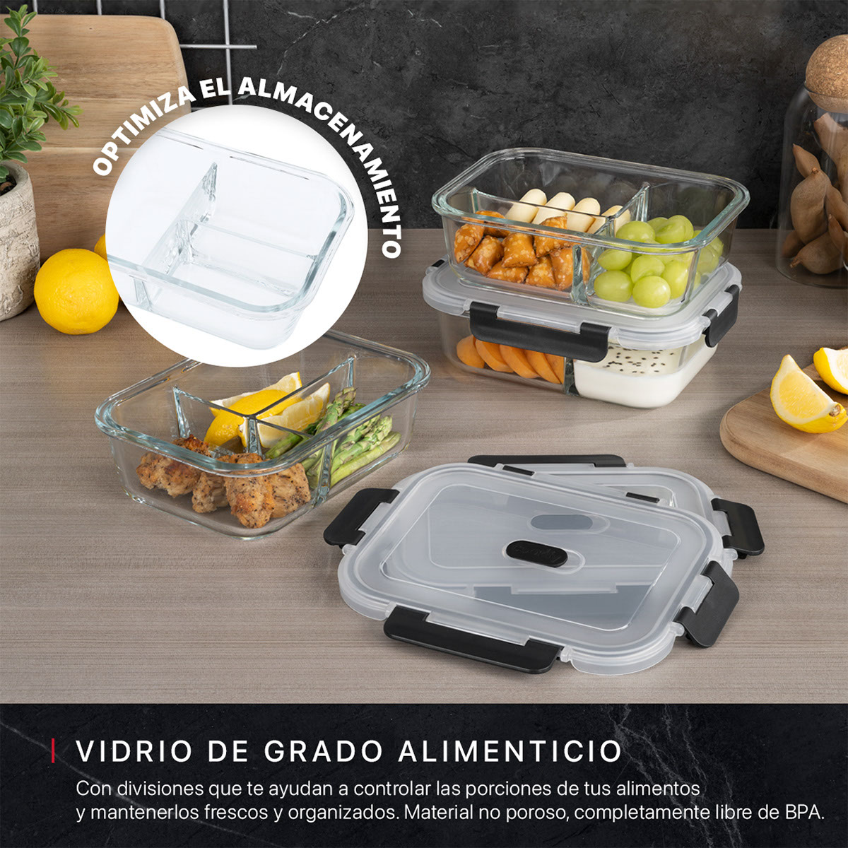 Recipientes de Vidrio Herméticos para Alimentos 3 Contenedores con 3 Tapas - Toppers con Divisiones Cookify