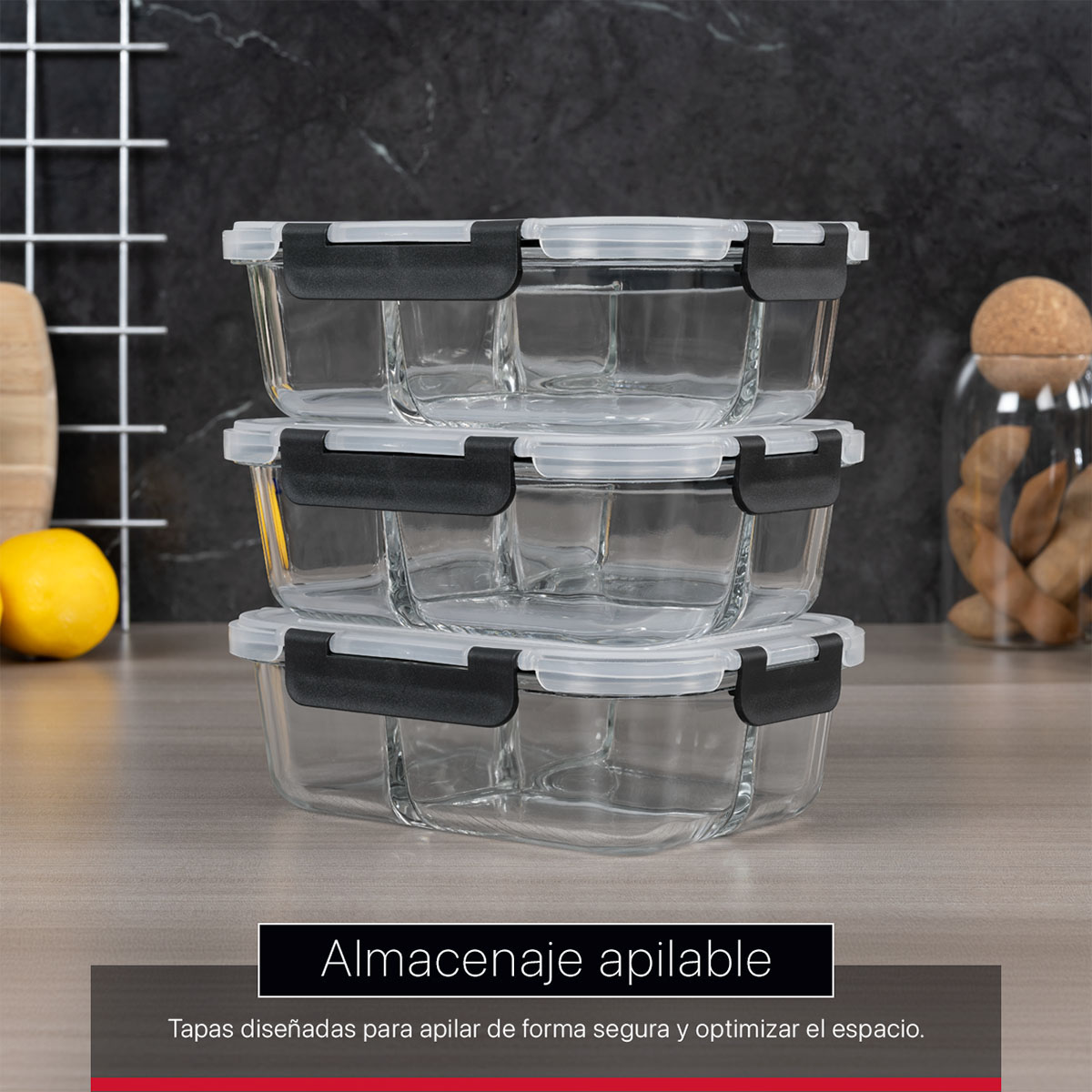 Recipientes de Vidrio Herméticos para Alimentos 3 Contenedores con 3 Tapas - Toppers con Divisiones Cookify