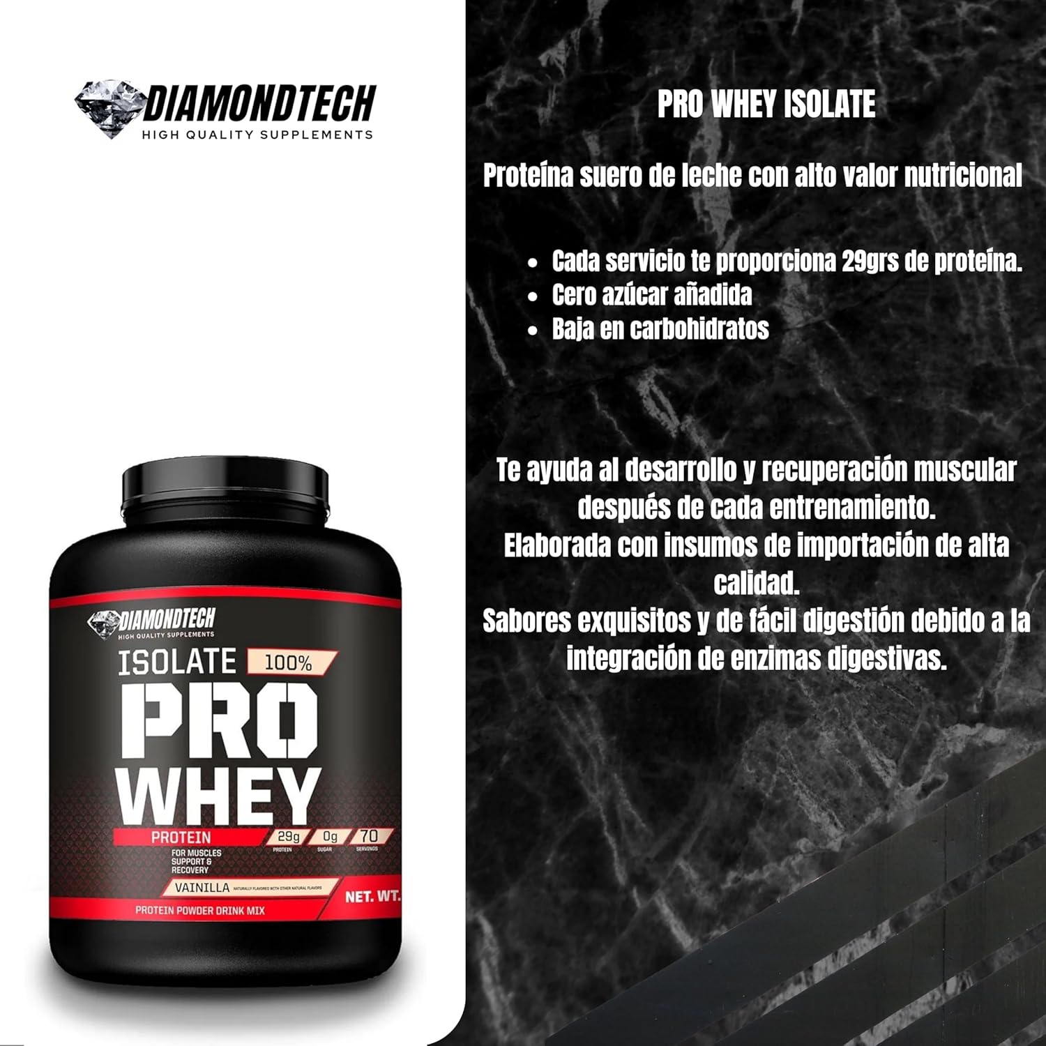 Proteína Pro Whey Isolate 5lbs (2.27kg) 70 servicios Diamondtech VAINILLA