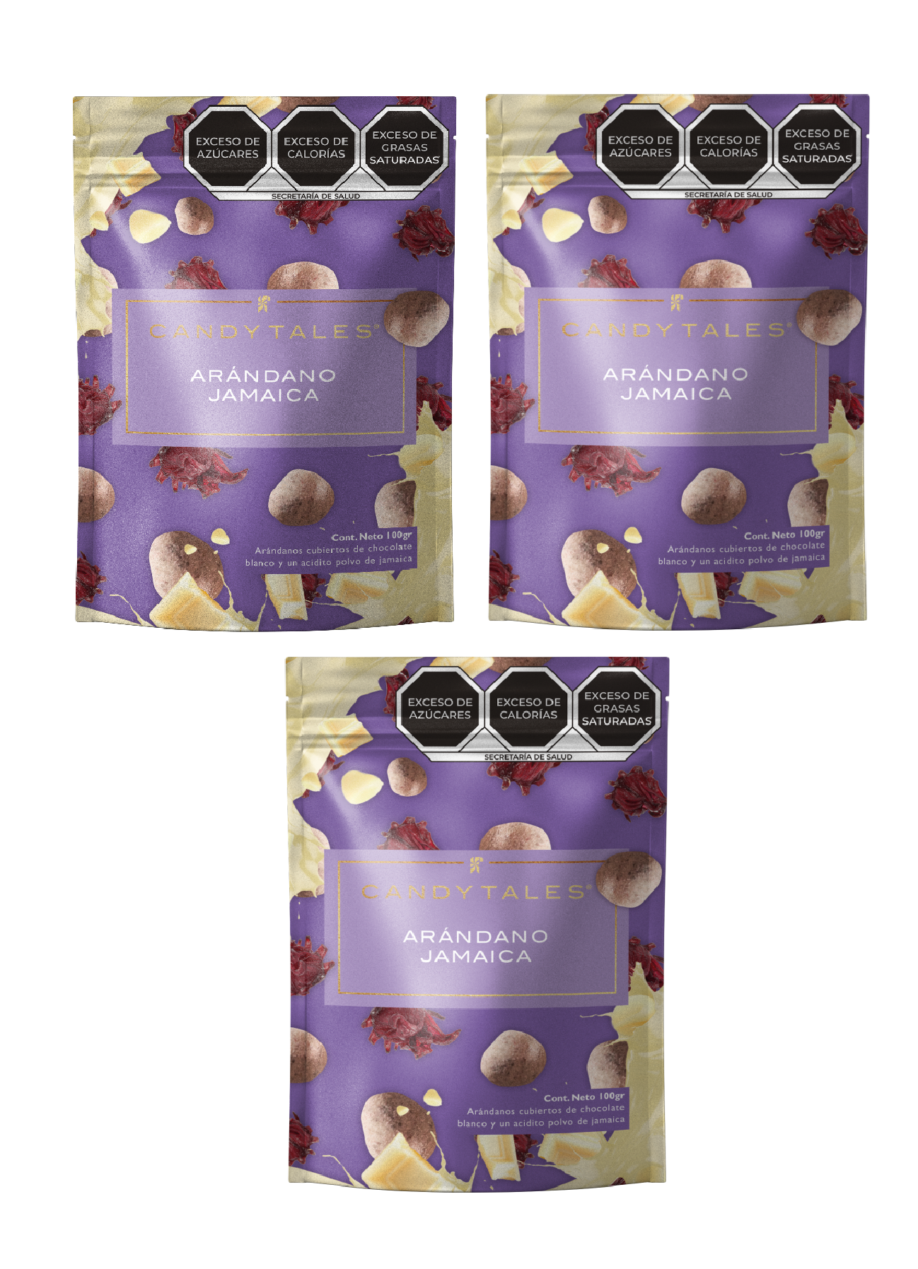 Candy Tales Arándano Chocolate Blanco y Polvo Jamaica 100 gr c/u - 3 pz