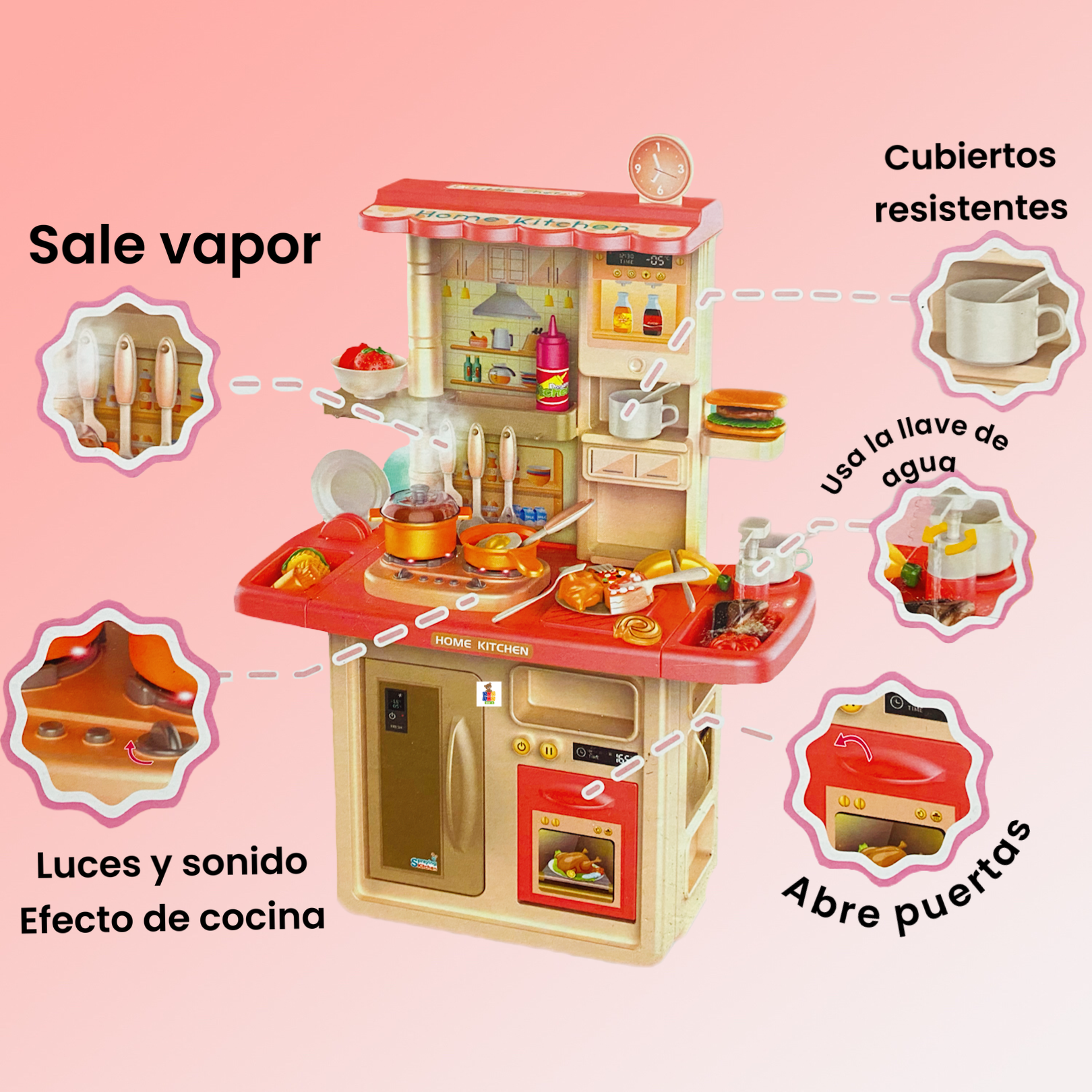Cocina Comedor Interactiva Cocinita 84cm con Vapor Lavabo Luz y Sonido 36pz
