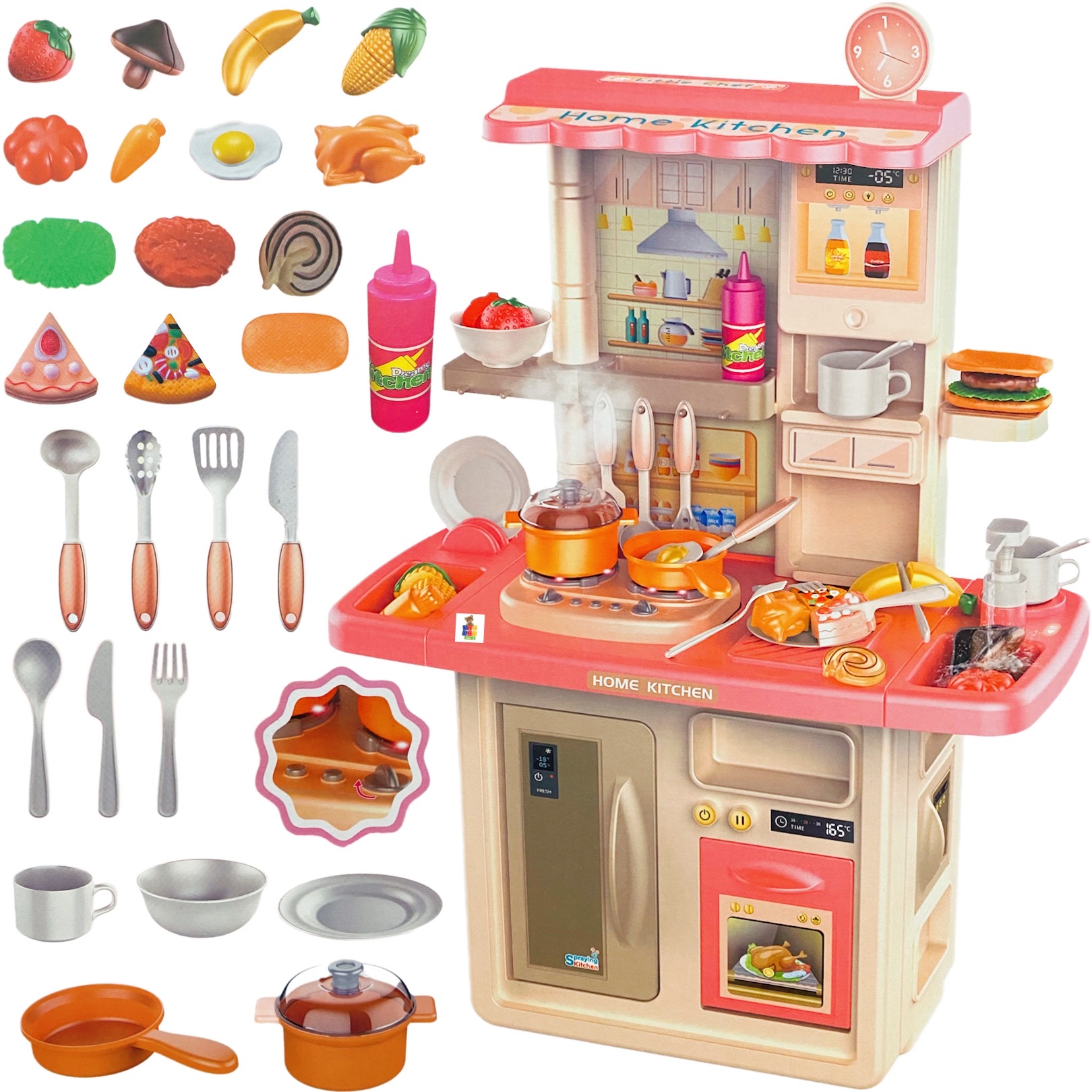 Cocina Comedor Interactiva Cocinita 84cm con Vapor Lavabo Luz y Sonido 36pz