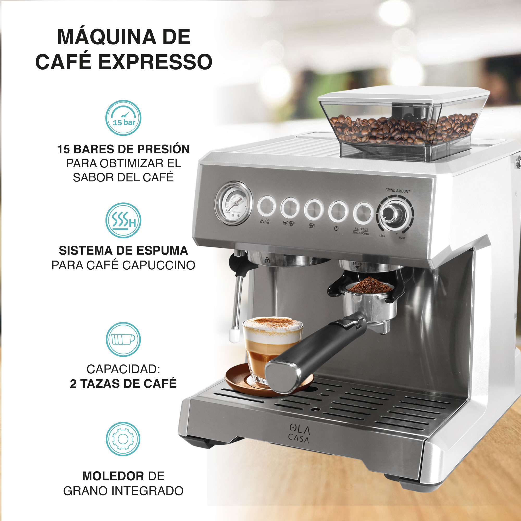 Cafetera Espresso Capuccino con Molino OLA CASA 