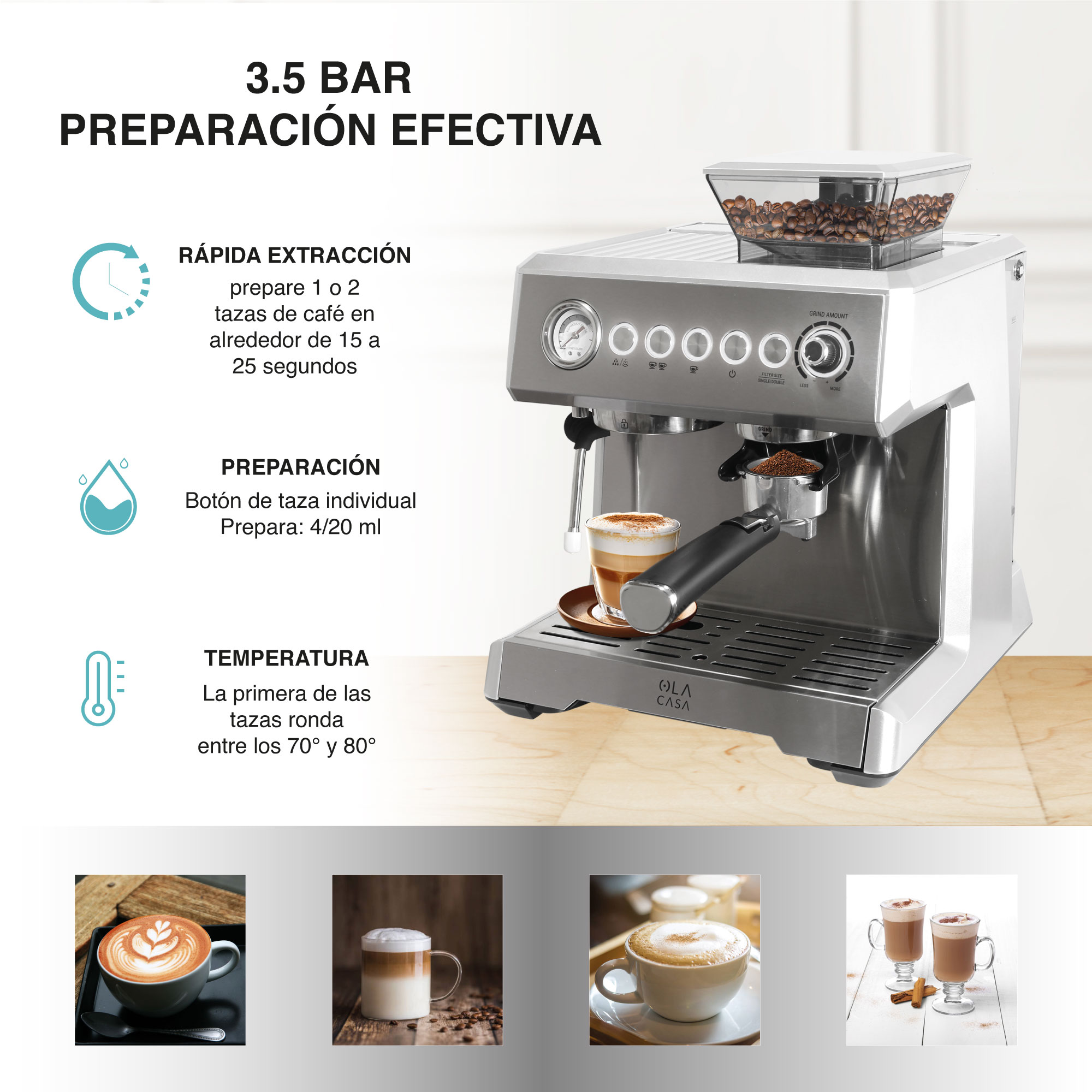 Cafetera Espresso Capuccino con Molino OLA CASA 