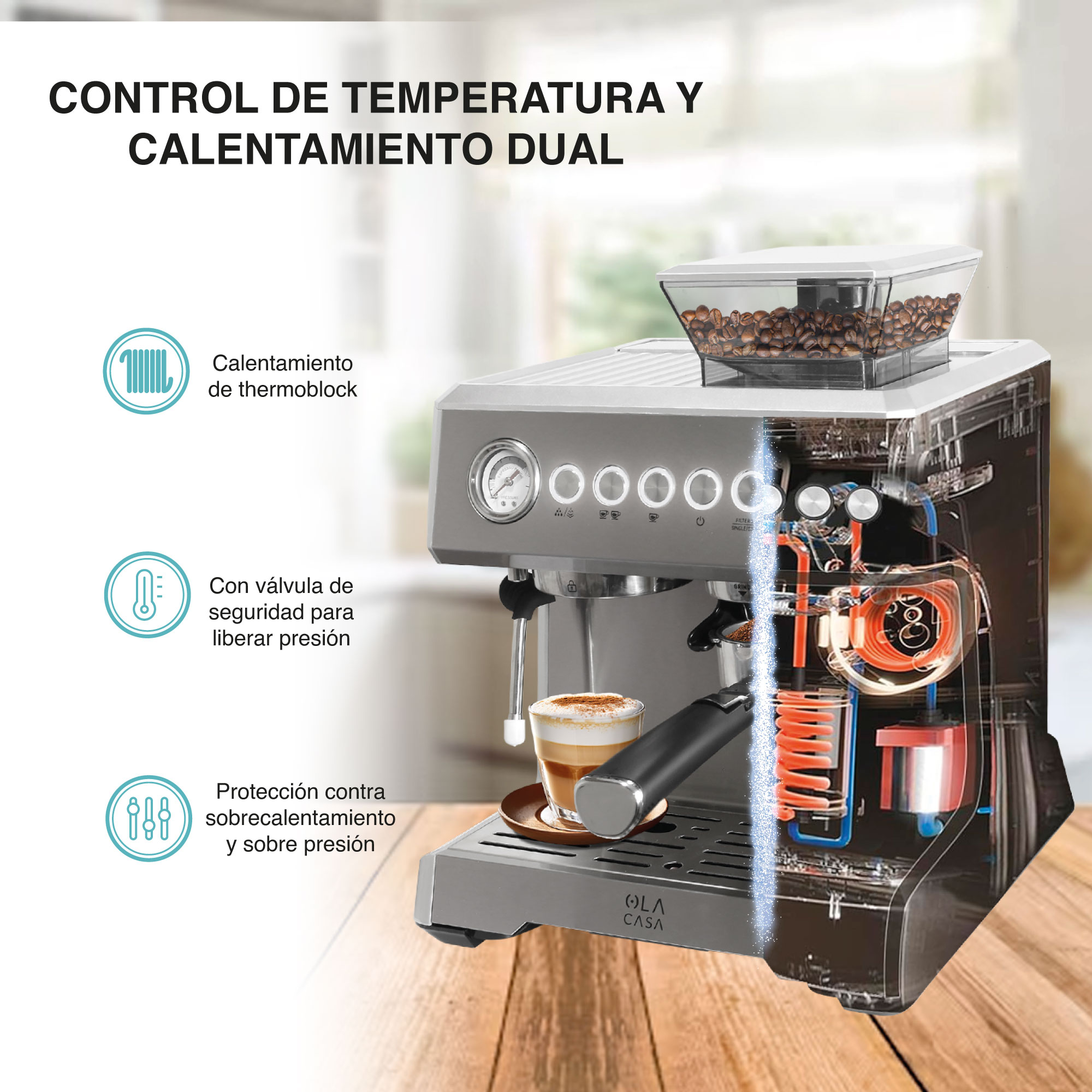 Cafetera Espresso Capuccino con Molino OLA CASA 