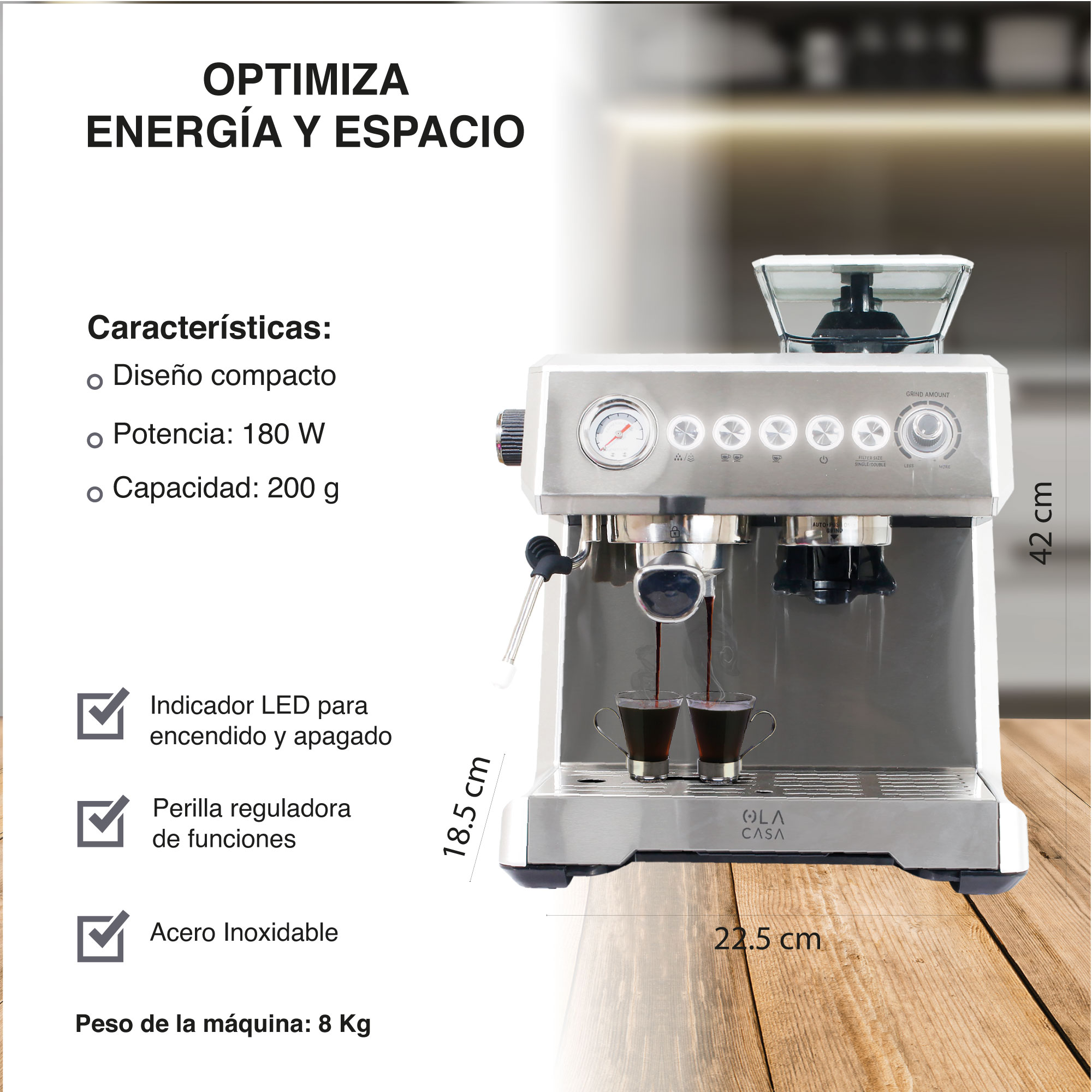 Cafetera Espresso Capuccino con Molino OLA CASA 