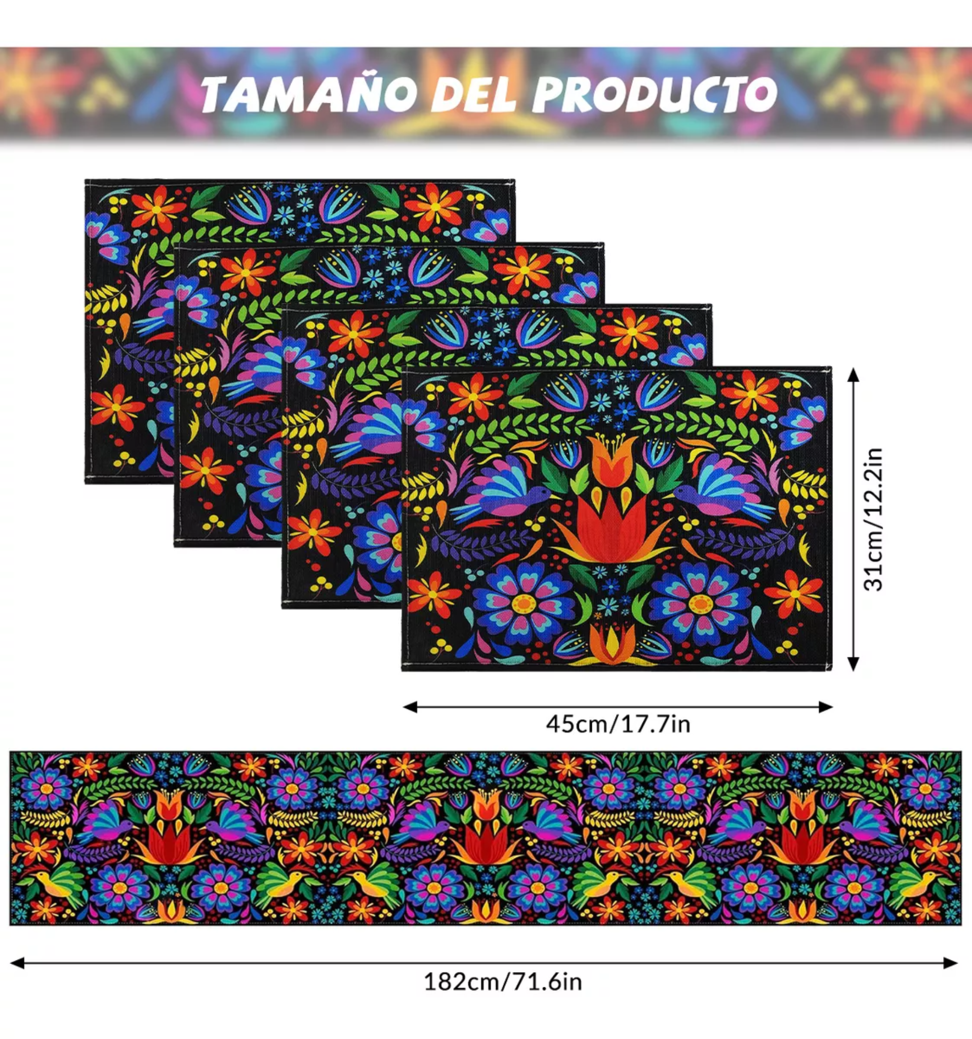 Camino De Mesa De Fiestas Mexicano Y 4 Manteles Individuales
