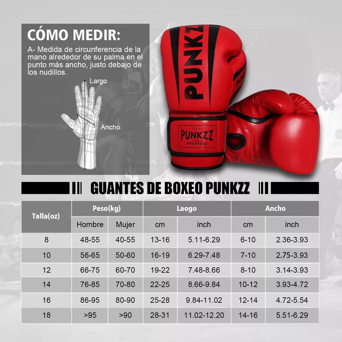 Guantes De Box Punkzz Para Kickboxing,strap Velcro Rojo 16Oz