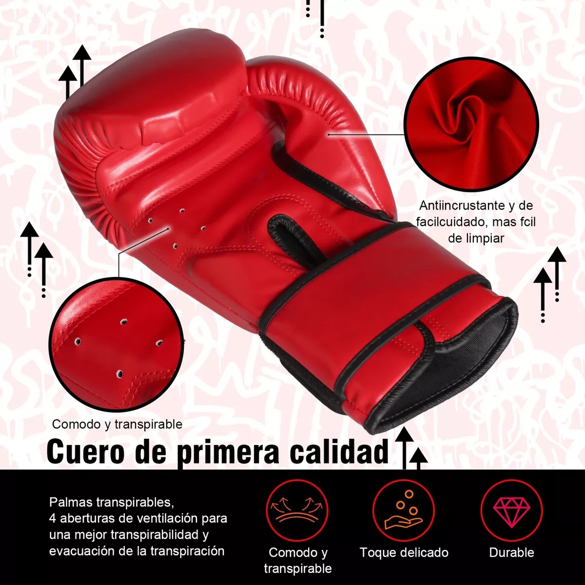 Guantes De Box Punkzz Para Kickboxing,strap Velcro Rojo 16Oz