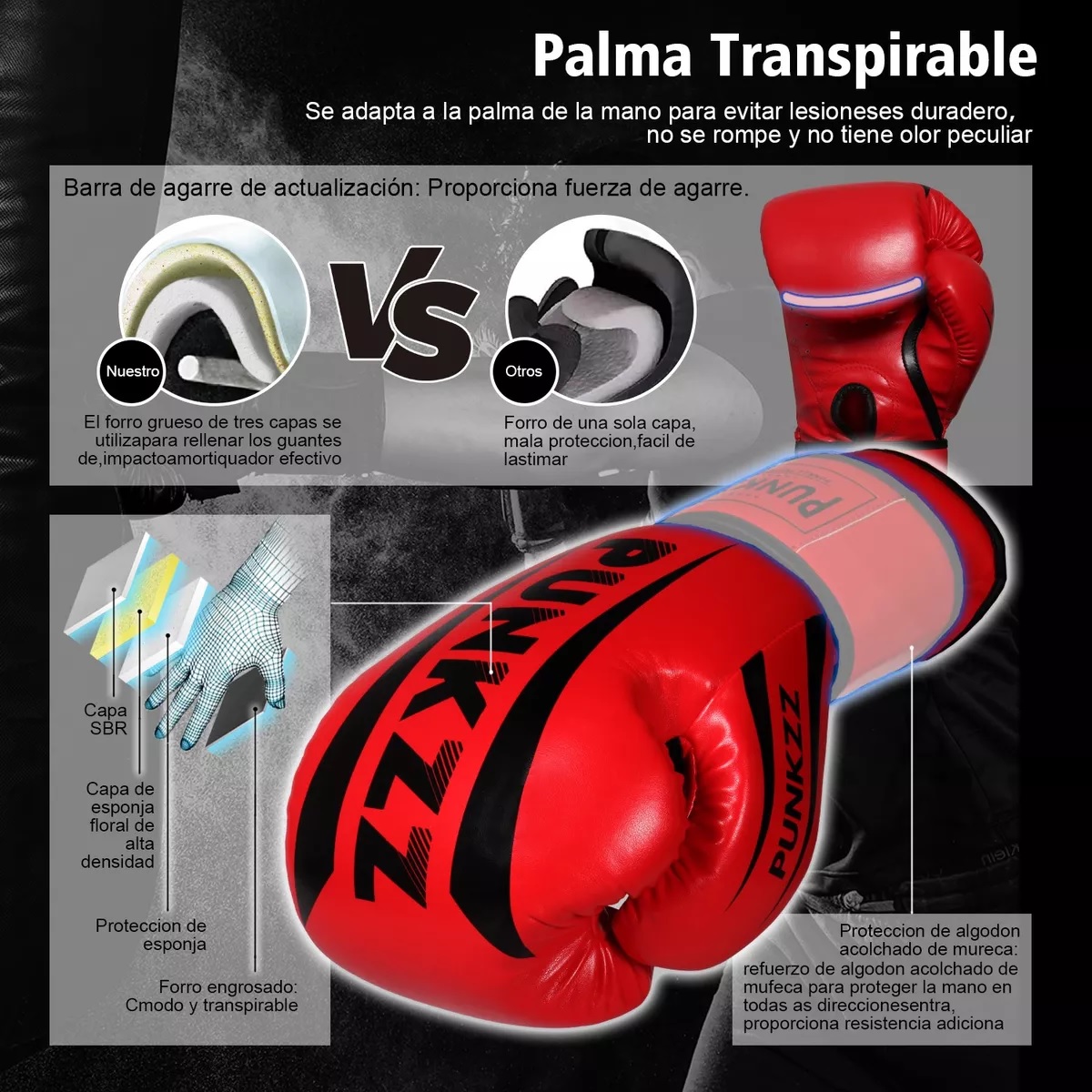 Guantes De Box Punkzz Para Kickboxing,strap Velcro Rojo 16Oz