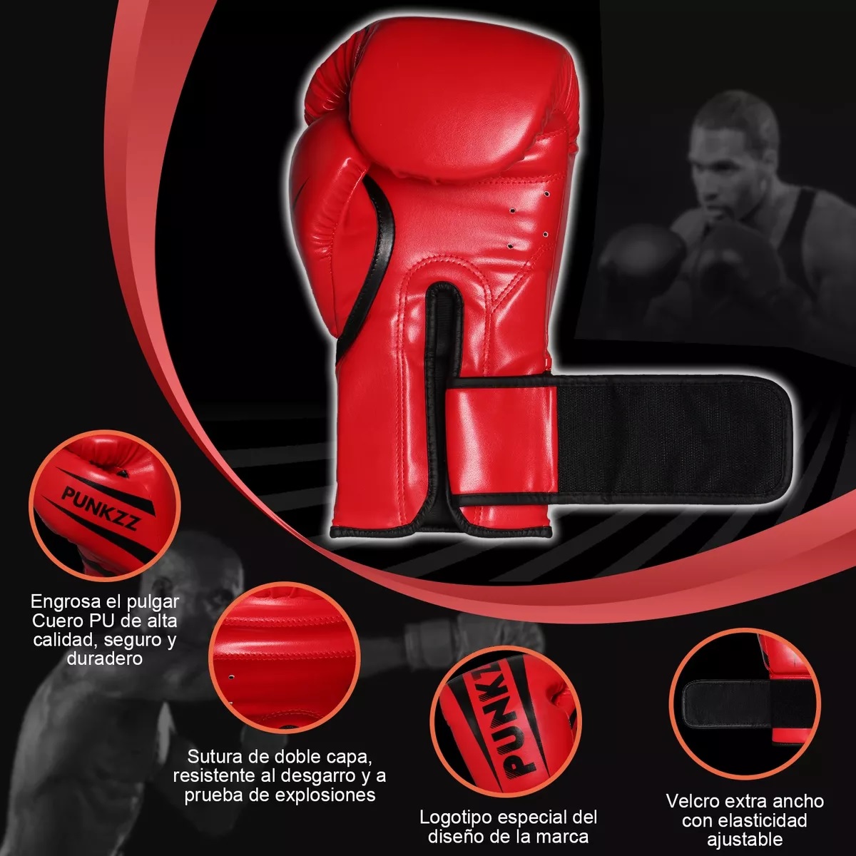Guantes De Box Punkzz Para Kickboxing,strap Velcro Rojo 16Oz