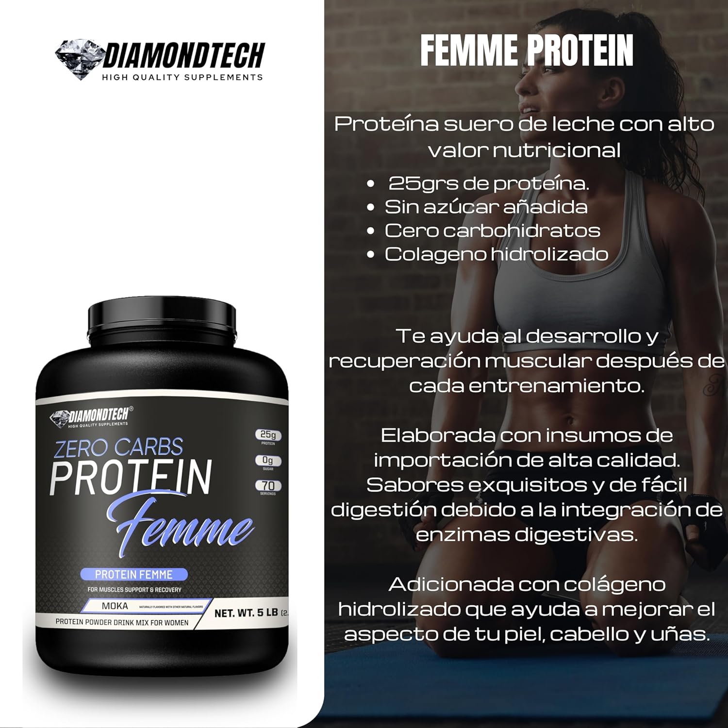 Proteína Femme mujer whey zero carbs 5lbs con Colágeno hidrolizado Diamondtech FRESA
