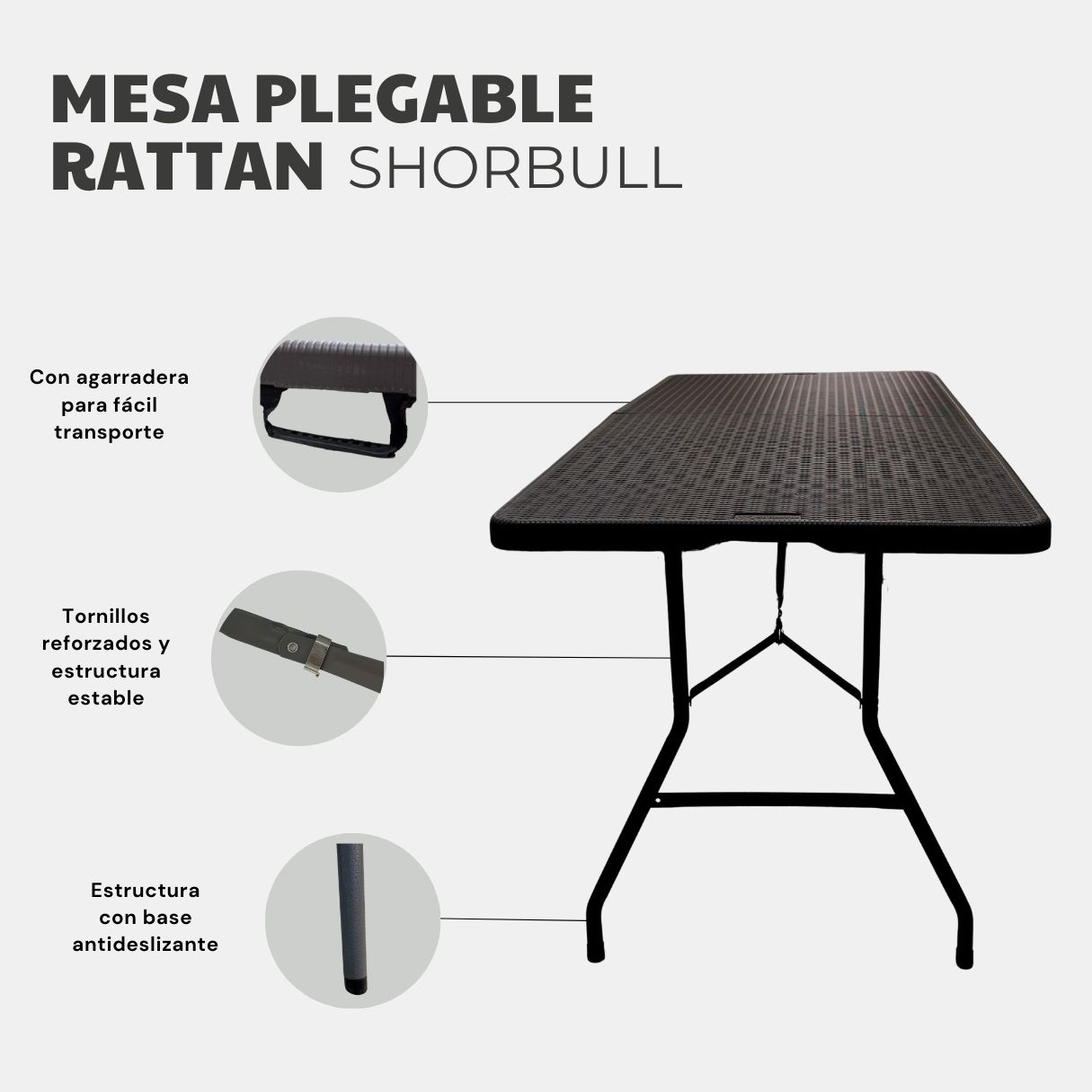 Tablón plegable rattan rectangular Shorbull 180cm resistente Reforzada Exterior Jardín