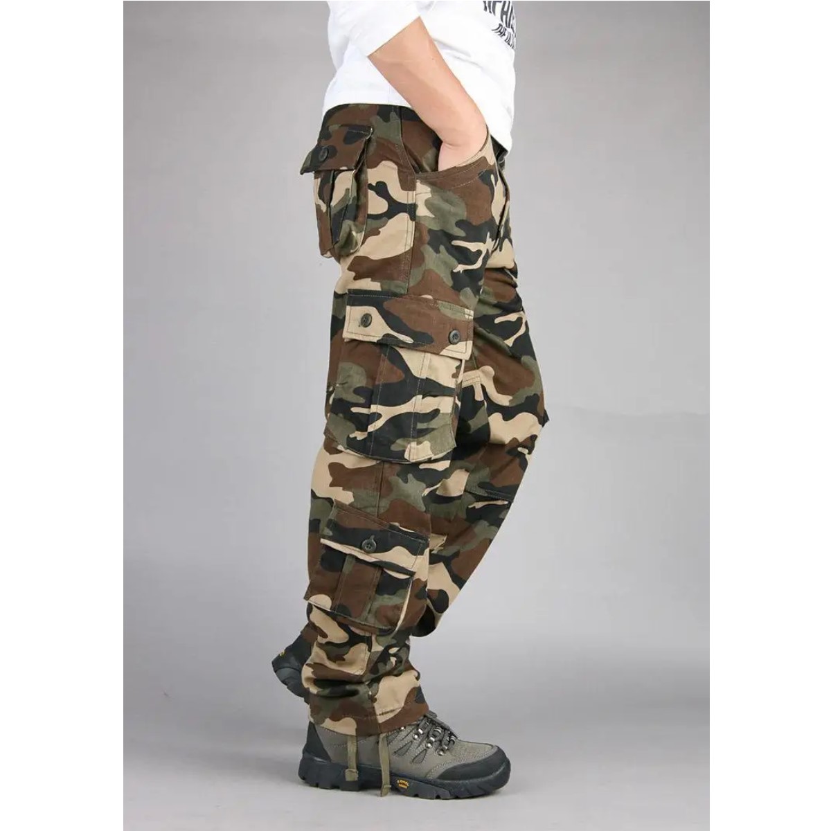 Pantalón cargo tácticos caqui 34 camuflaje multi bolsillo algodón alta calidad trabajo deportivo