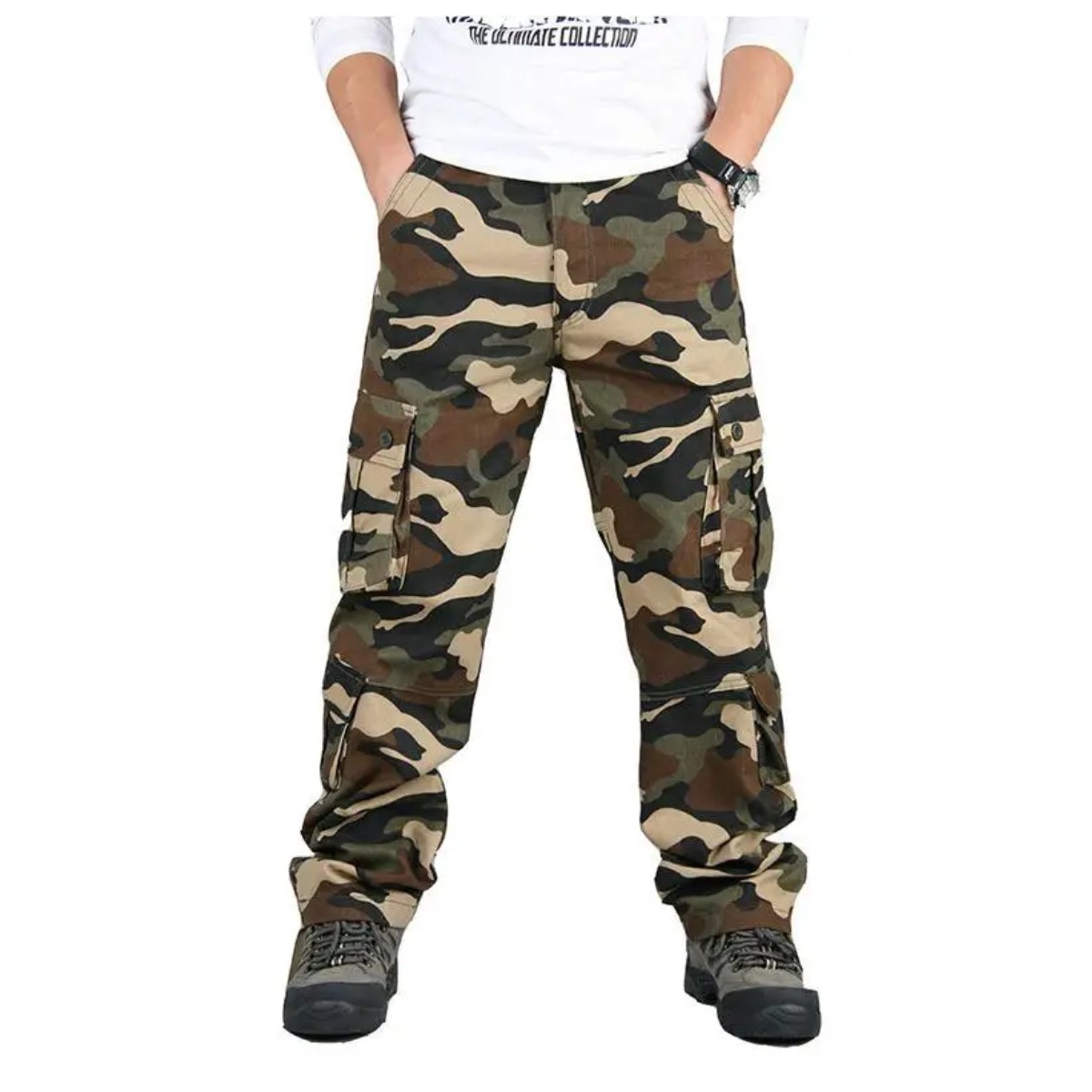 Pantalón cargo tácticos caqui 34 camuflaje multi bolsillo algodón alta calidad trabajo deportivo