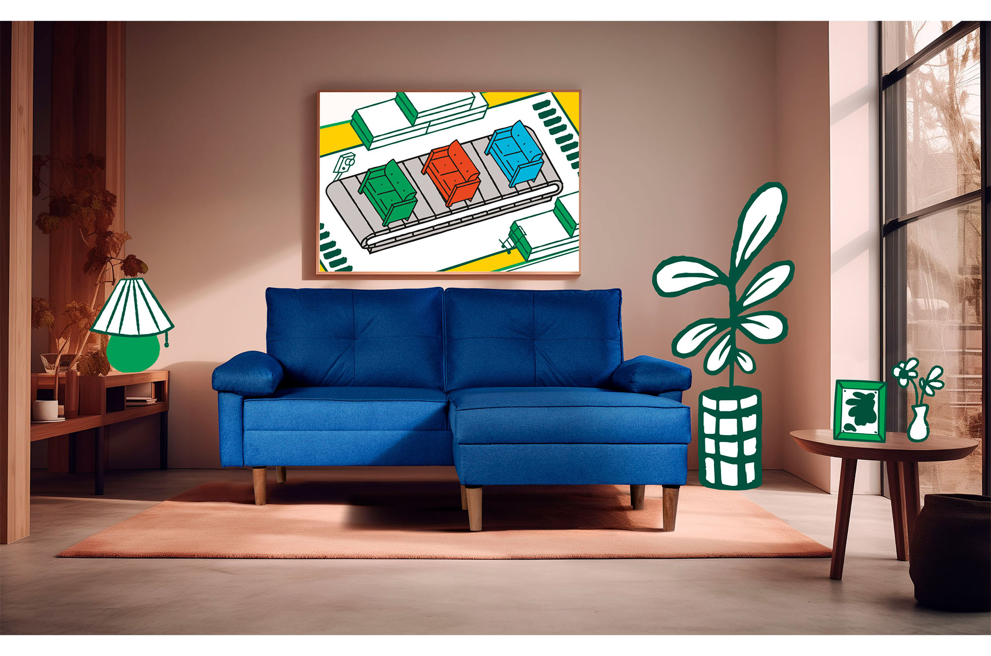 Sala Modular Casanova Azul Makora Essentials de lino reversible