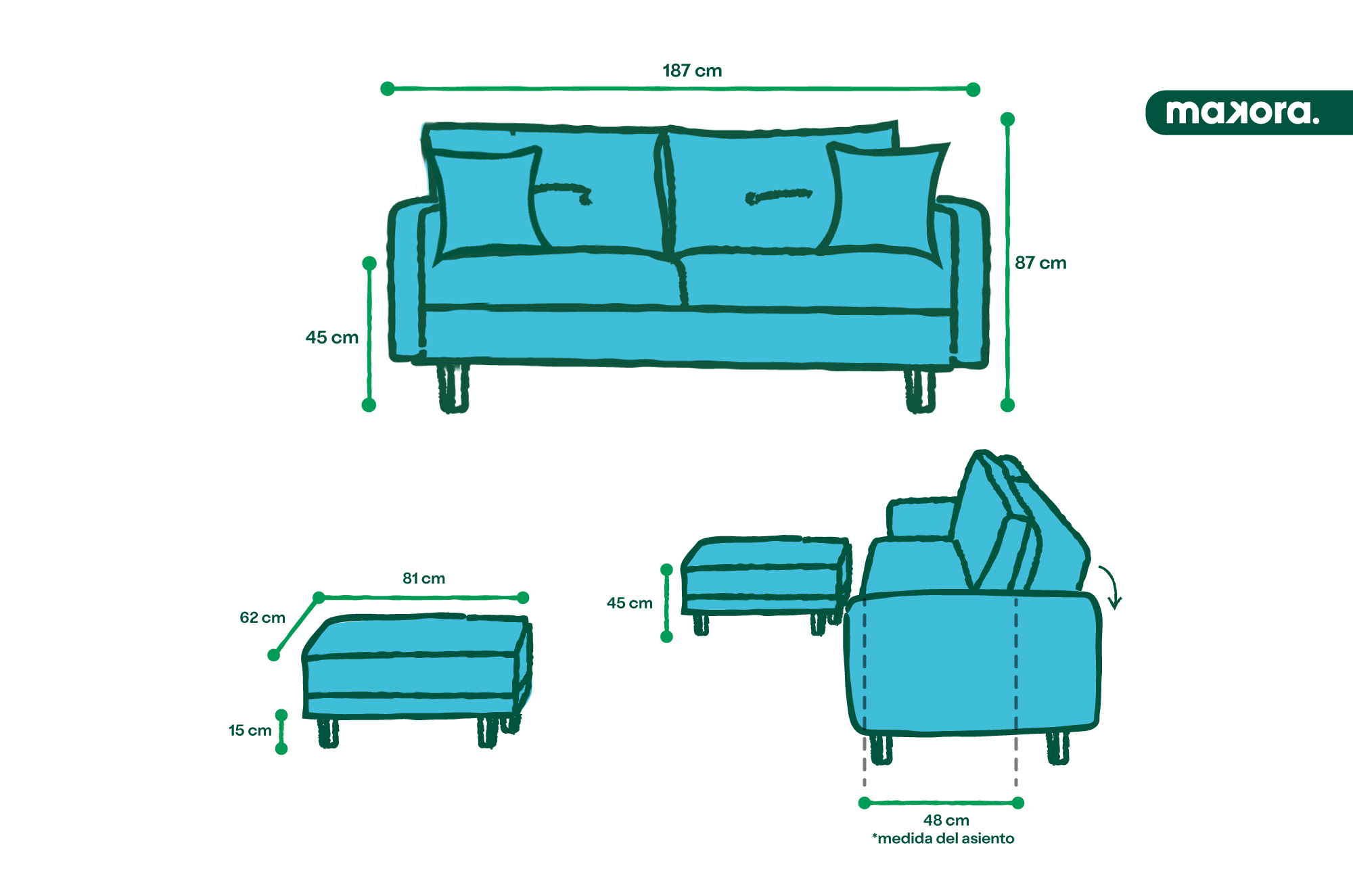 Sala Modular Casanova Azul Makora Essentials de lino reversible