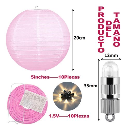 Lamparas Chinas De Papel 10 pzs Y 10 Focos Led, Chinos Fiesta ROSA