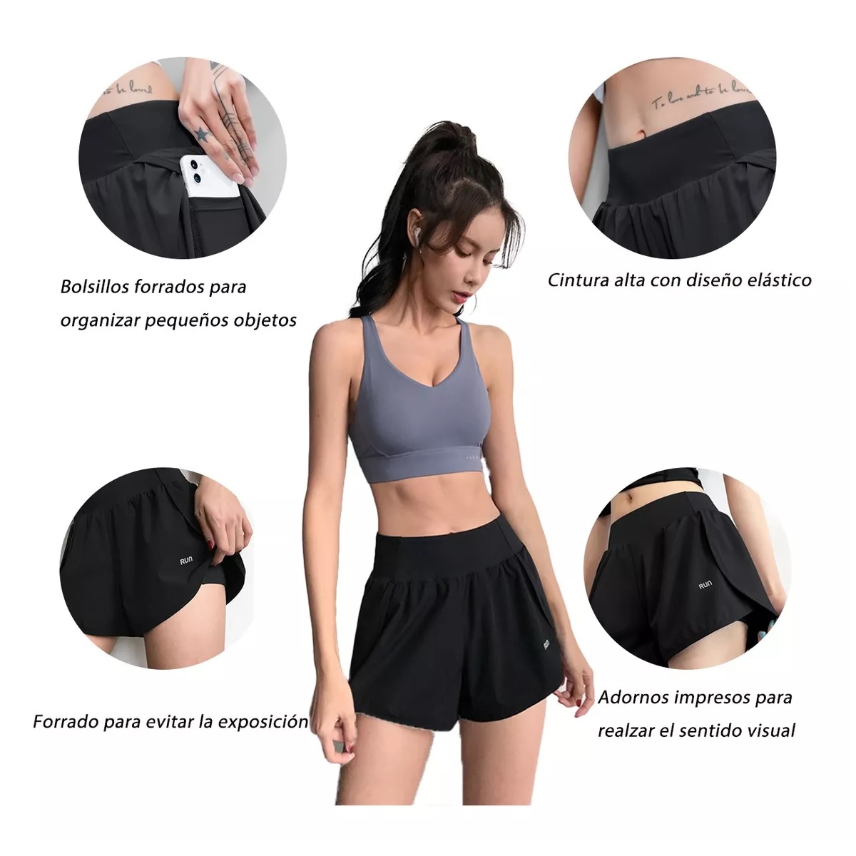 2 En 1 Gym Short Licra Deportiva De Doble Capa Con Bolsillo Negro Talla M