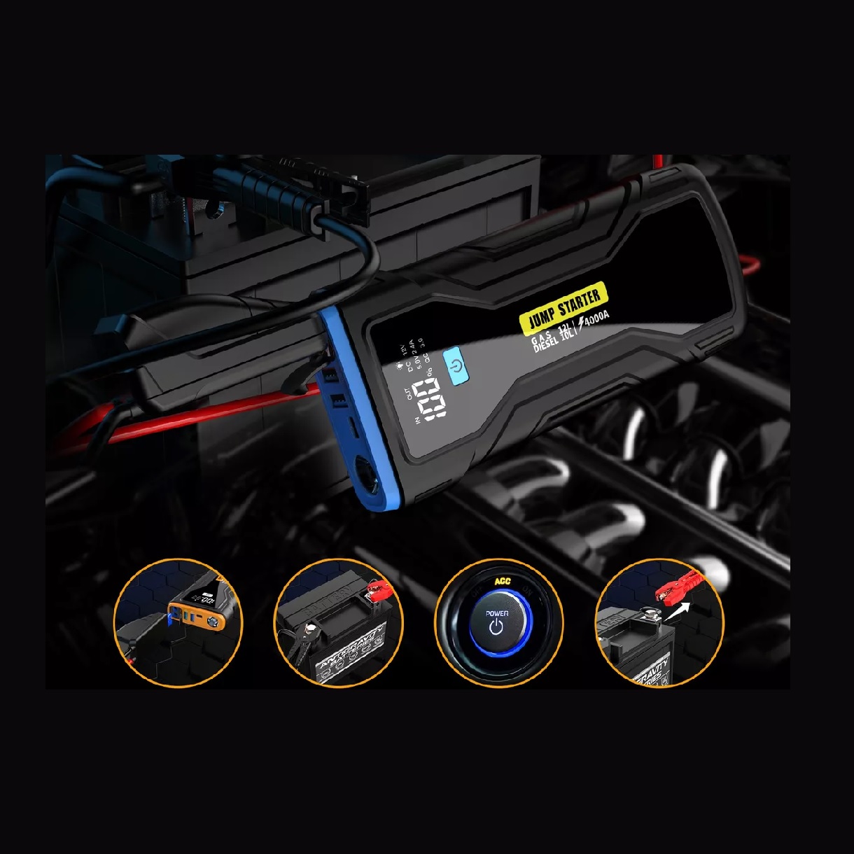 Arrancador De Batería Coche, 4000 A, 28000mah Con Smart Clip