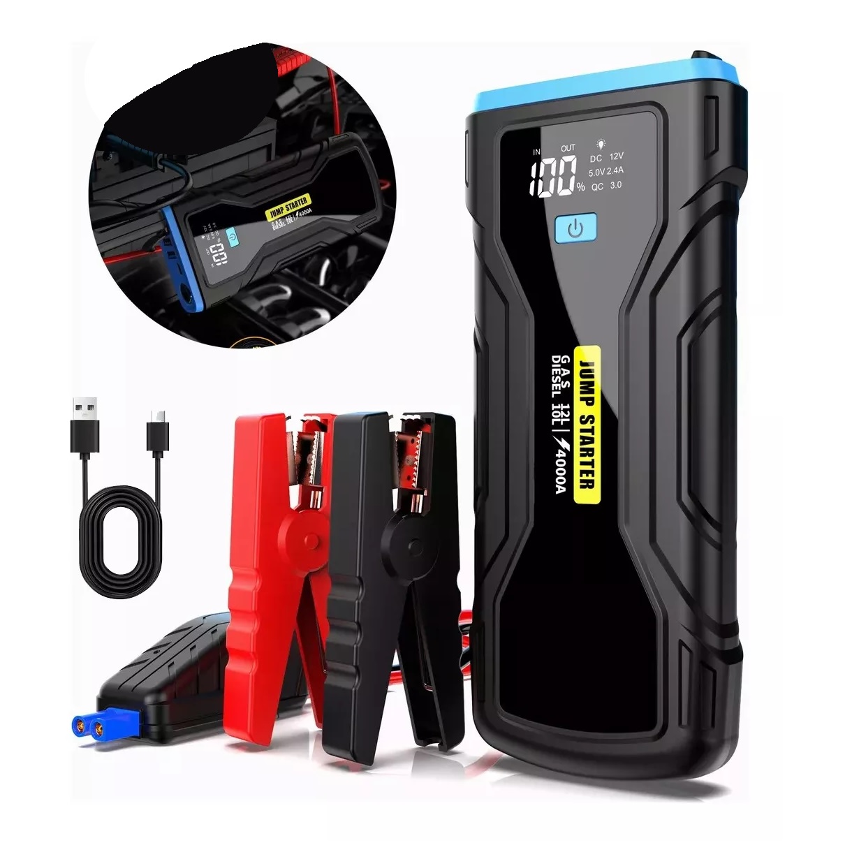 Arrancador De Batería Coche, 4000 A, 28000mah Con Smart Clip