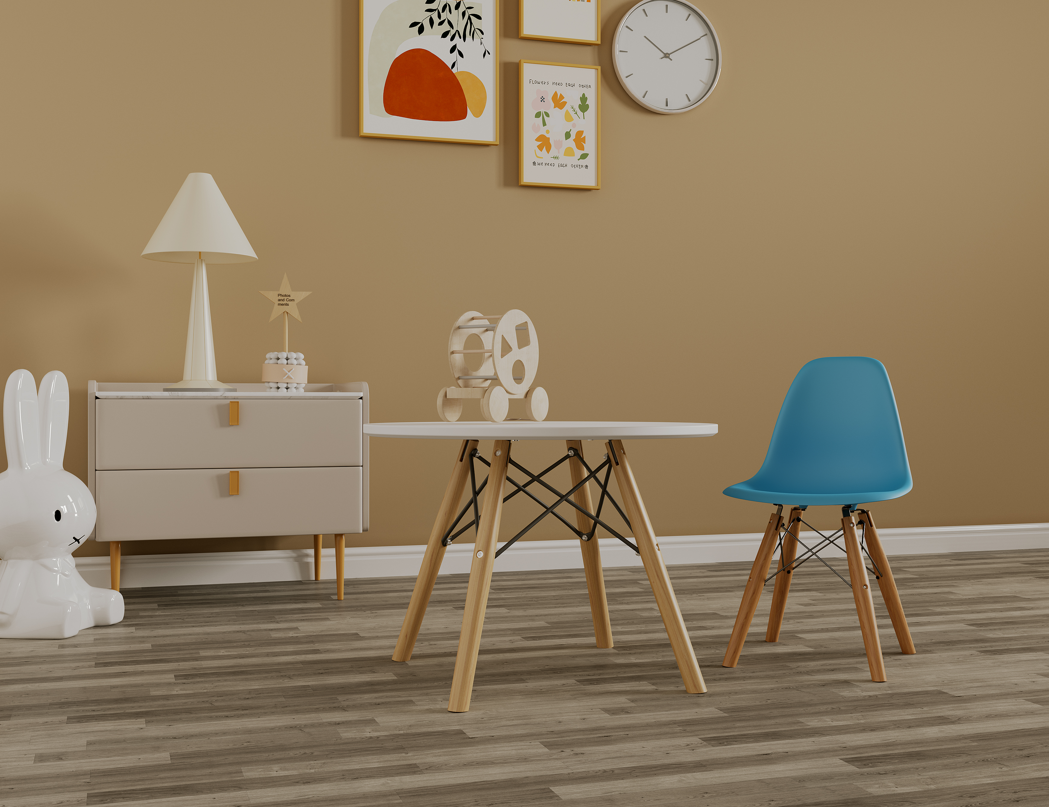 Mesa Infantil Blanca con Patas de Madera, Soporte Metálico y Tablero de Madera MDF 42cm (Alto)* 60cm (Diámetro)