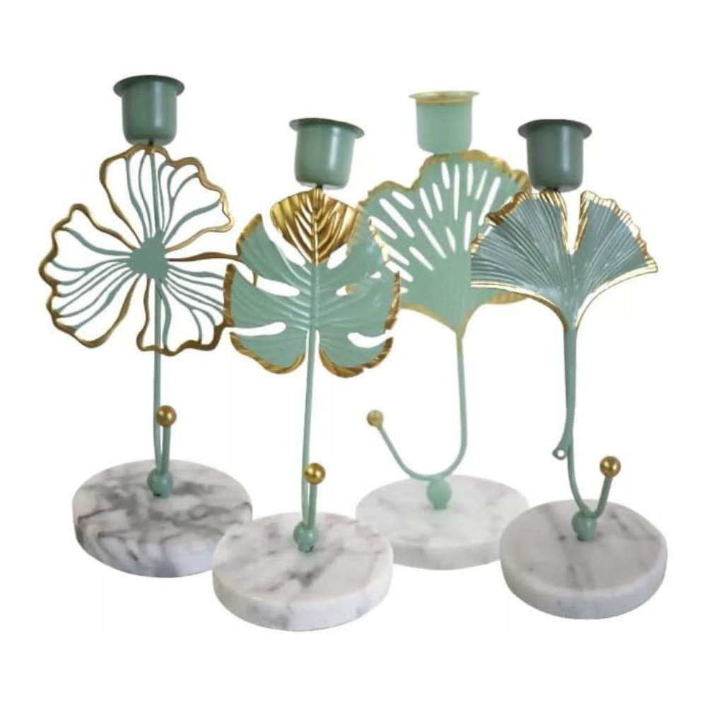 Kit De 4 Portavelas Metálico Ilios Innova Mesa Con Base Marmol Color Palmera
