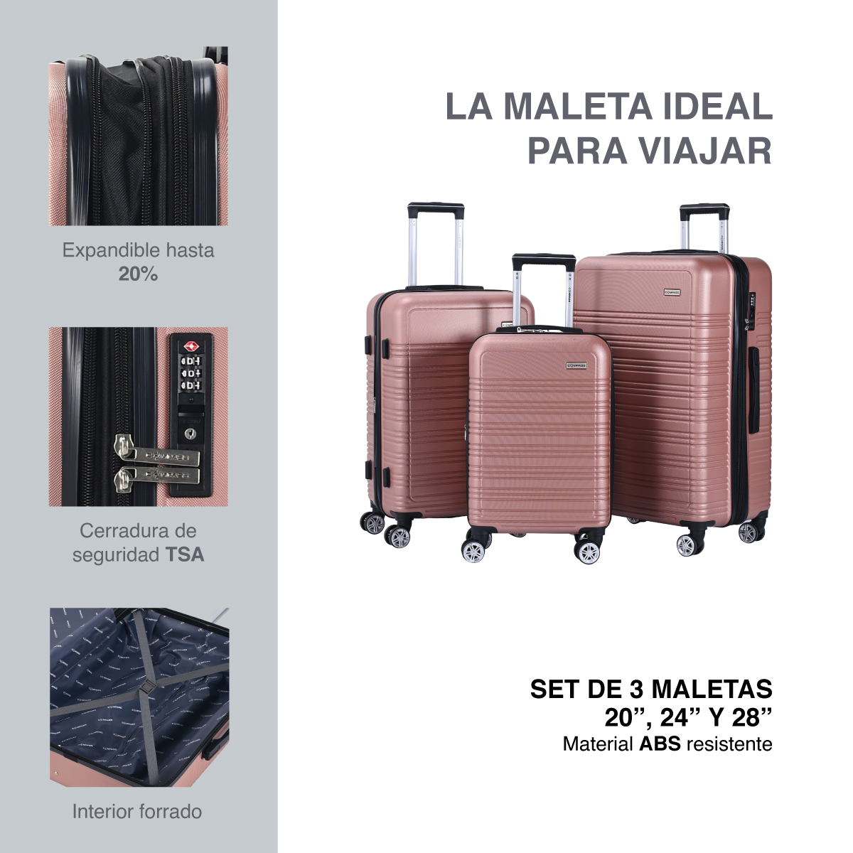 Juego de 3 Maletas ABS 8 ruedas Montevideo 20,24 y 28 Oro Rosa