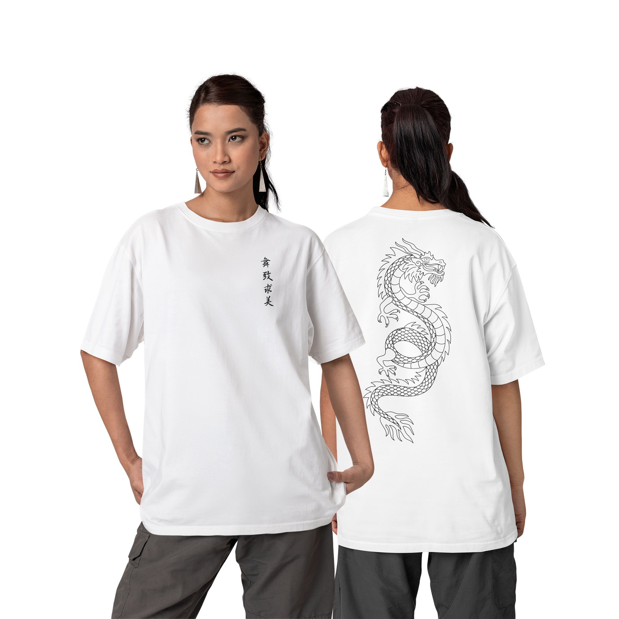 Playera Oversize de Manga Corta Unisex con Diseño de Dragón Blanca Cómoda y de Alta Calidad
