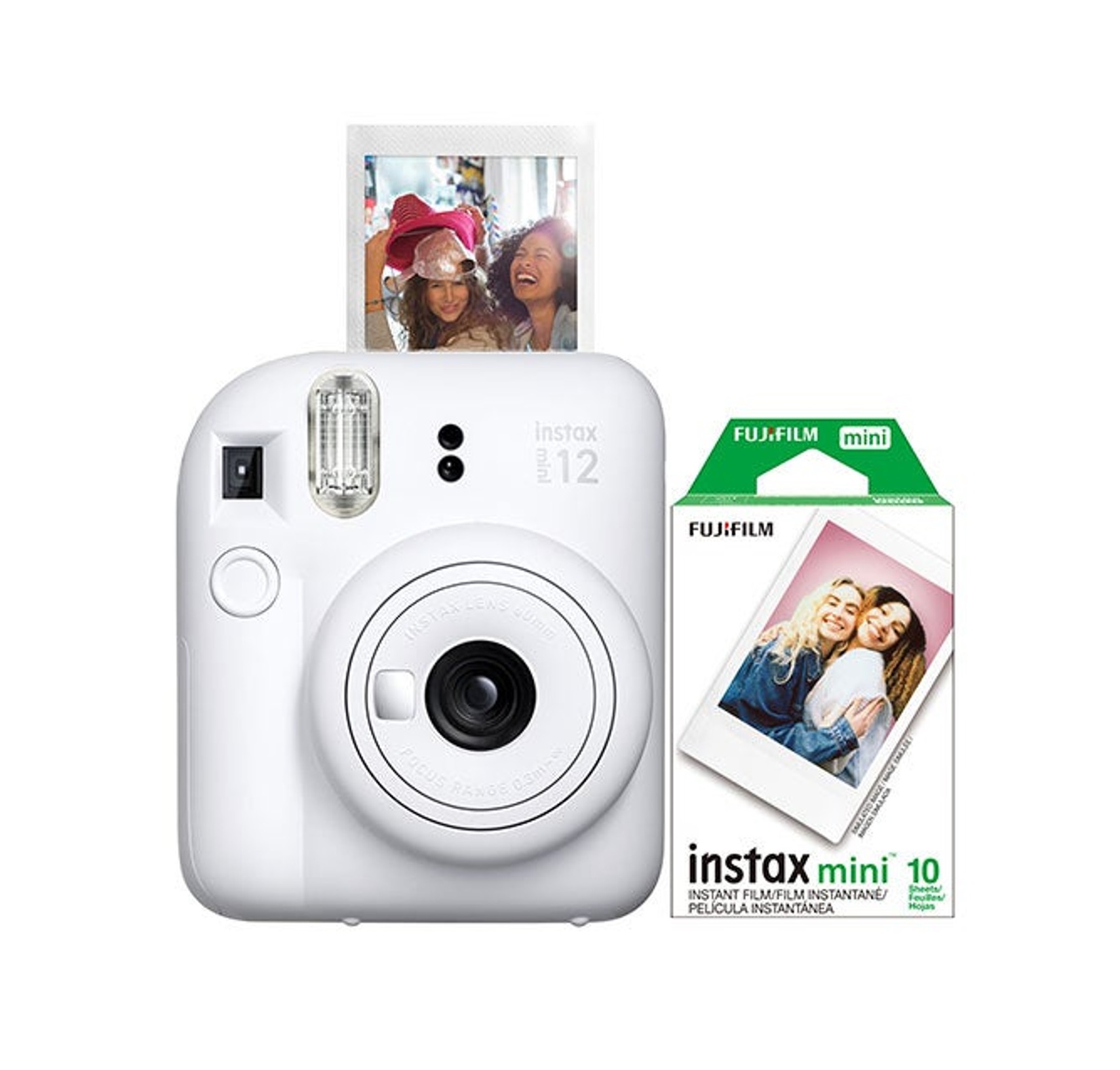 Paquete Combo de Cámara Instantánea Fujifilm Instax Mini 12 Color Blanco Mas Film de 10 Fotografias